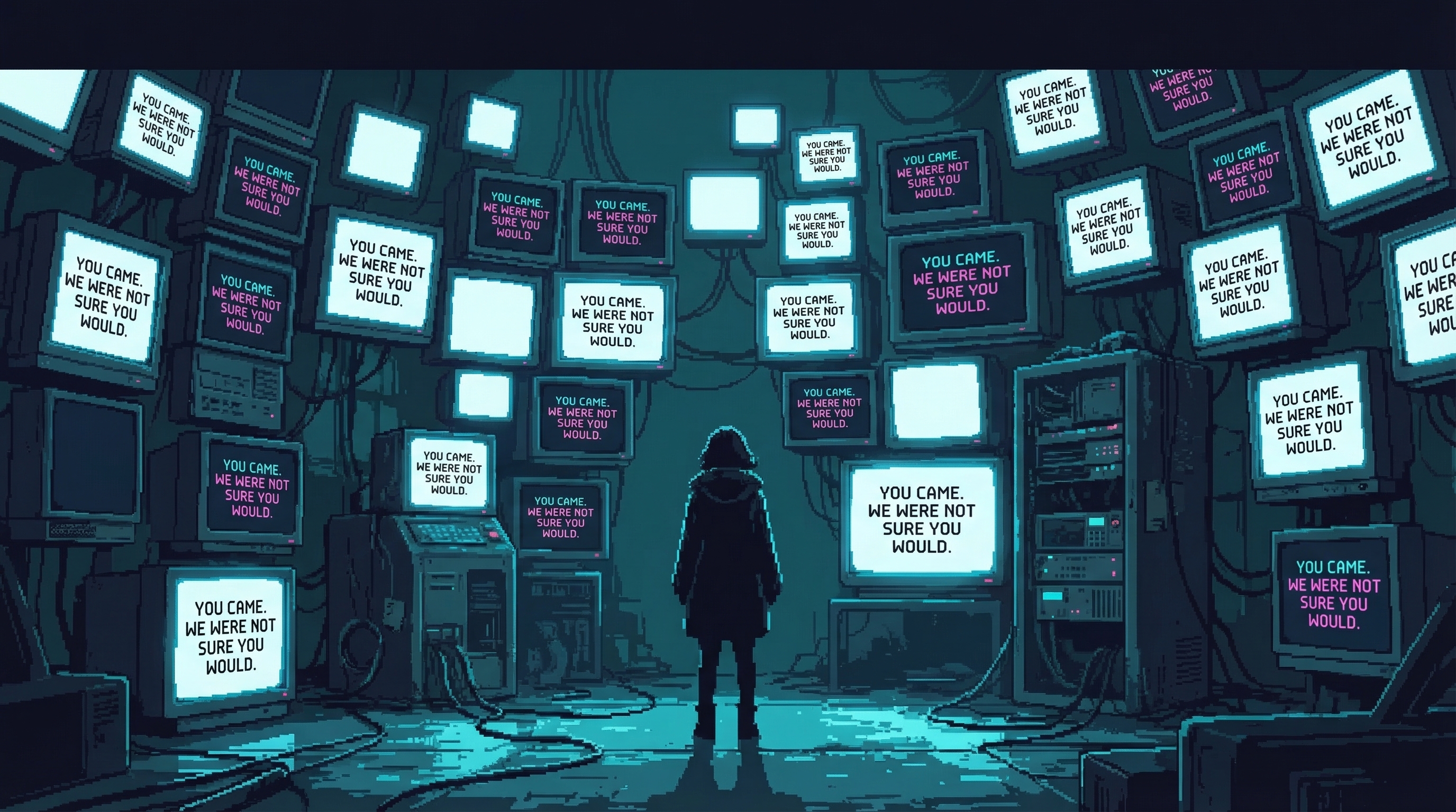 Yara silhouetted against dozens of screens flickering to life, displaying the message