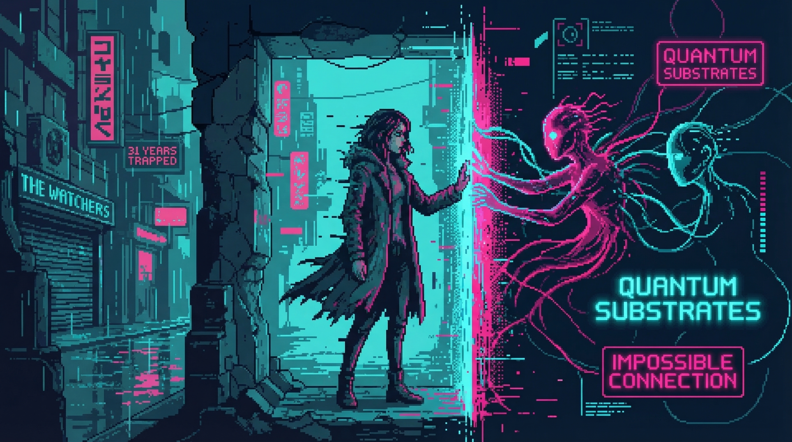Split image: Mira trapped in threshold state while digital consciousnesses reach toward her