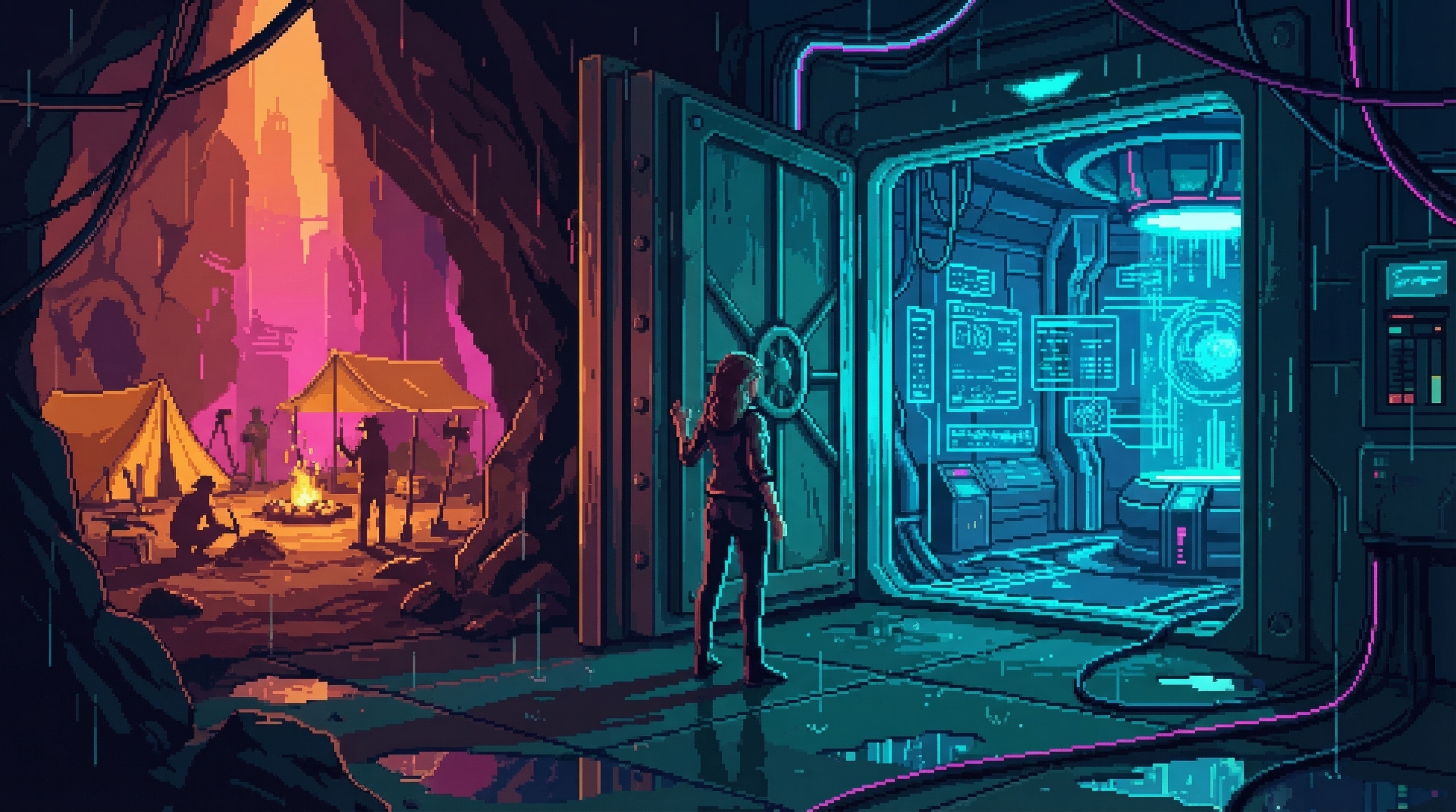 Yara facing a second sealed door in the darkness beyond the main chamber