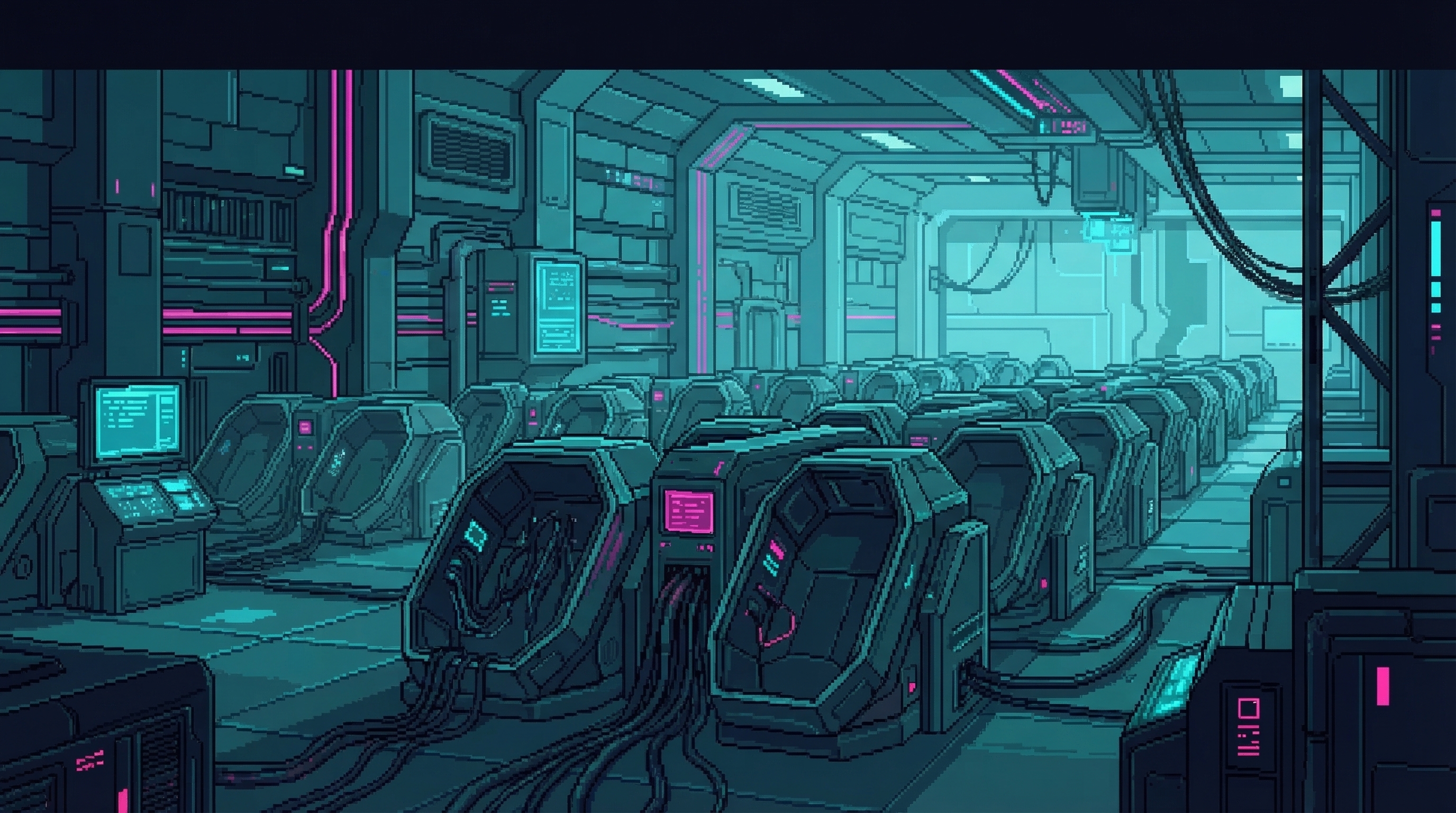 Military-grade consciousness transfer equipment with hexagonal pods and neural interface cables