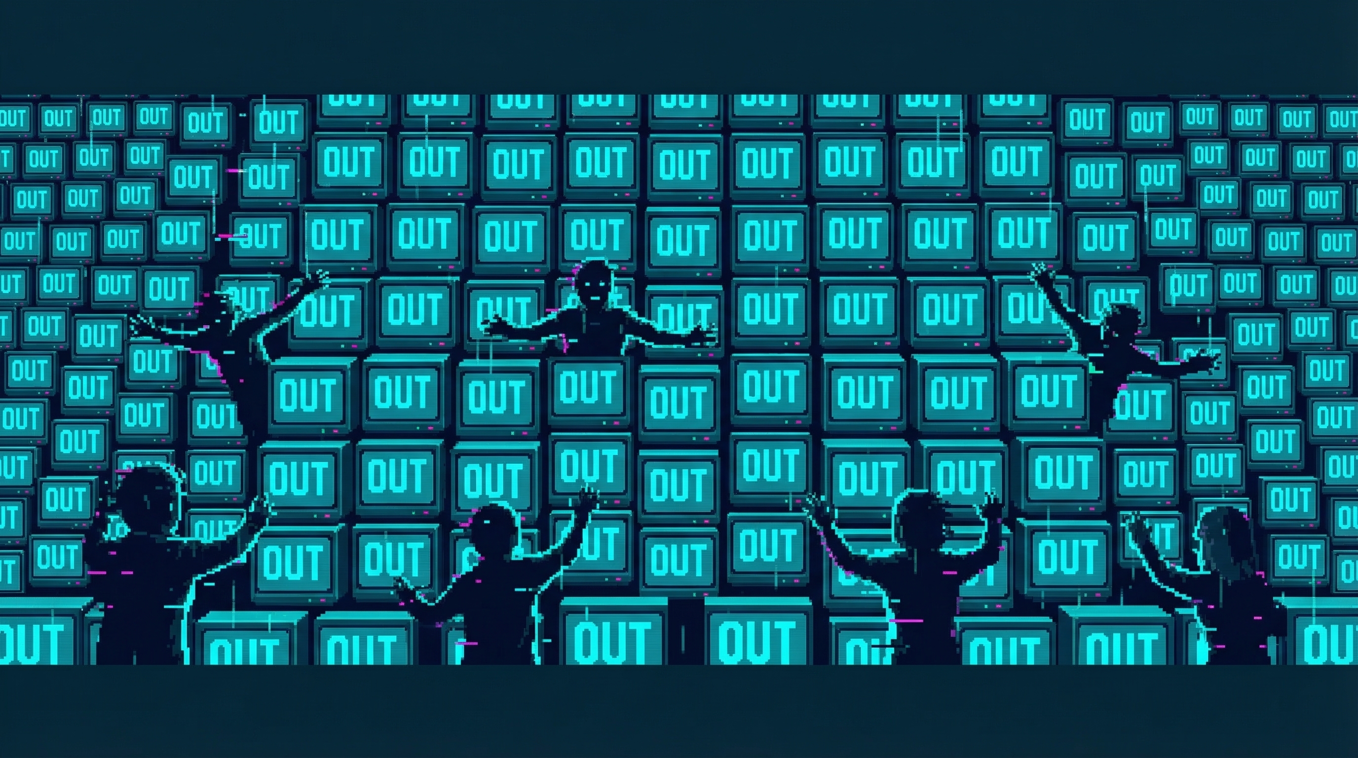 Hundreds of screens displaying the word OUT, a wall of desperate longing
