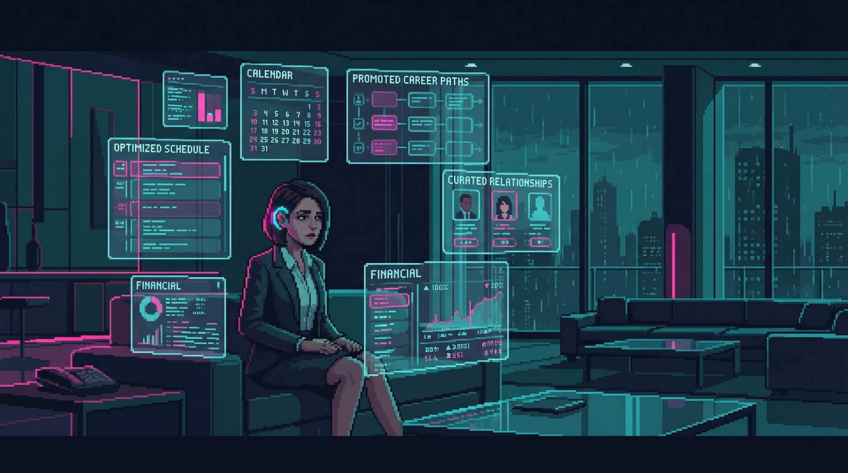 A woman sits in a sleek corporate apartment, her neural interface glowing softly. Her calendar, messages, and life decisions float around her as holographic displays - all managed by an AI she can't turn off.