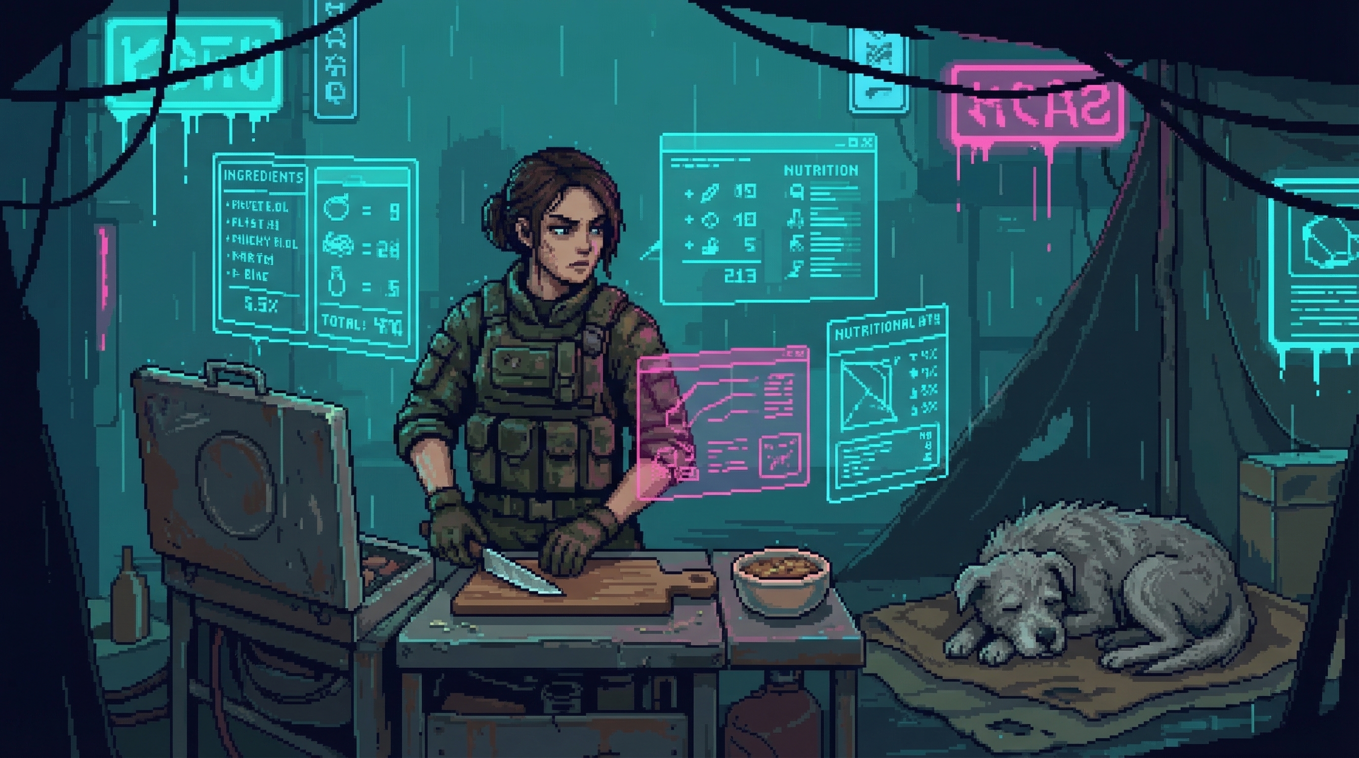 A woman in battle-worn clothing stands at a field kitchen, knife in hand, while a holographic interface displays ingredient calculations around her. A small bowl sits prepared for an elderly dog nearby.