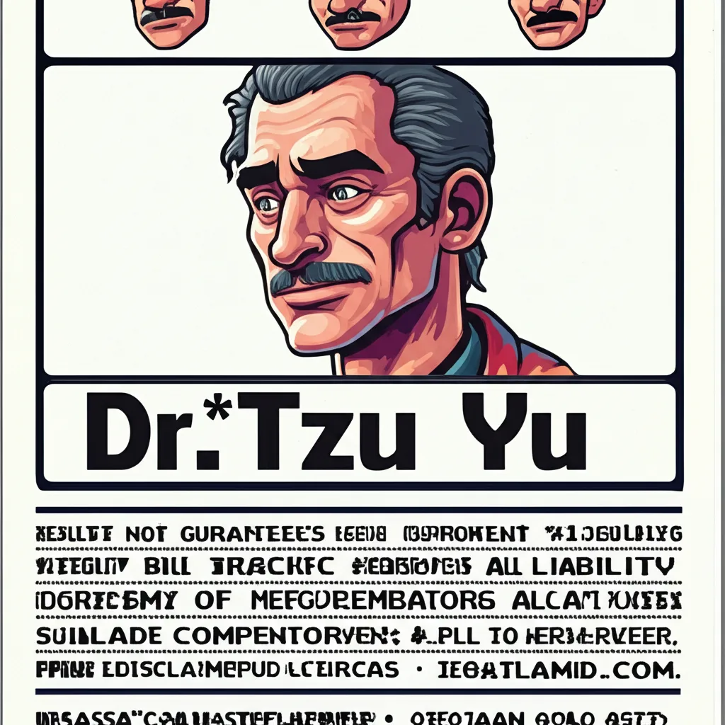 Thermal-printed flyer showing Dr* Tzu Yu with asterisk, fine print disclaimer filling the bottom