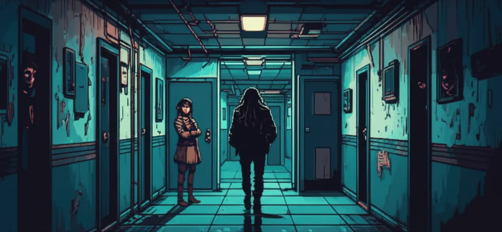 A dingy apartment hallway—Elena stands in her doorway watching GG walk away, neighbors peeking from doors