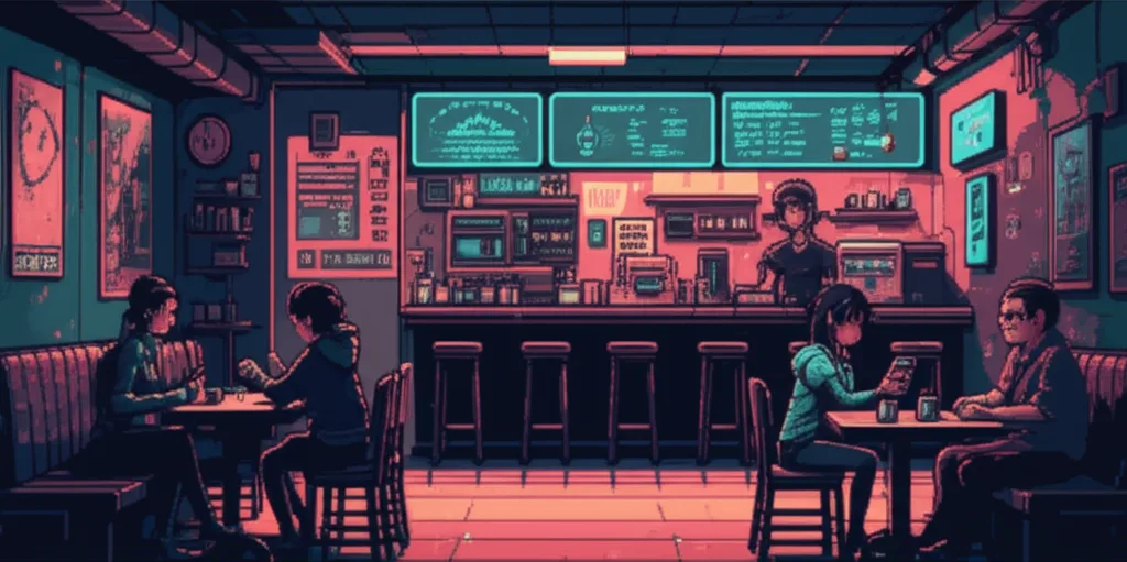 GG sits alone at a corner table in a crowded coffee shop, empty tables around her despite the crowd