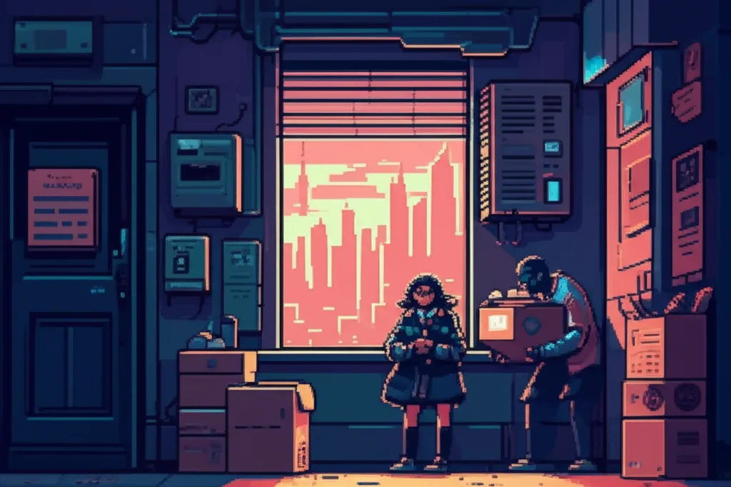 Viktor and his daughter unloading boxes in a nicer neighborhood, both laughing, sunset over the Sprawl