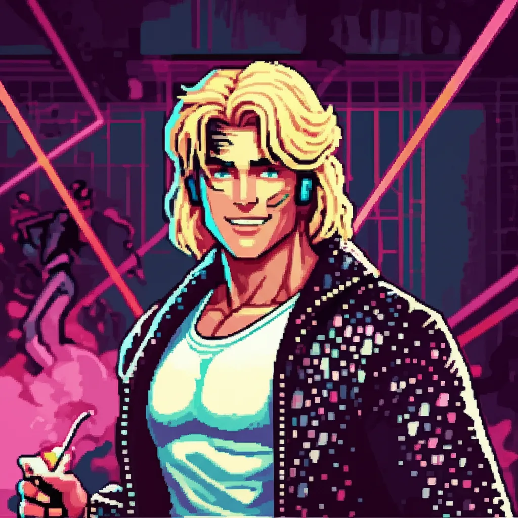 Rima Sky at the center of a packed nightclub, blonde hair catching laser light, white tank top under sparkly designer jacket