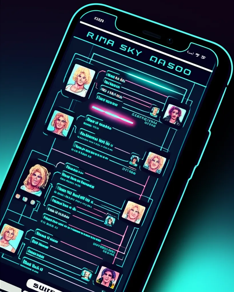 Rima's phone showing his complex social network map — every node a person who trusts him