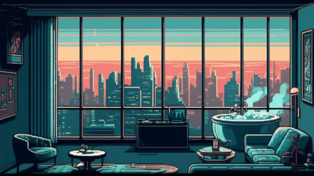 Heaven Towers penthouse at dawn — floor-to-ceiling windows, empty DJ booth, spa steaming on balcony