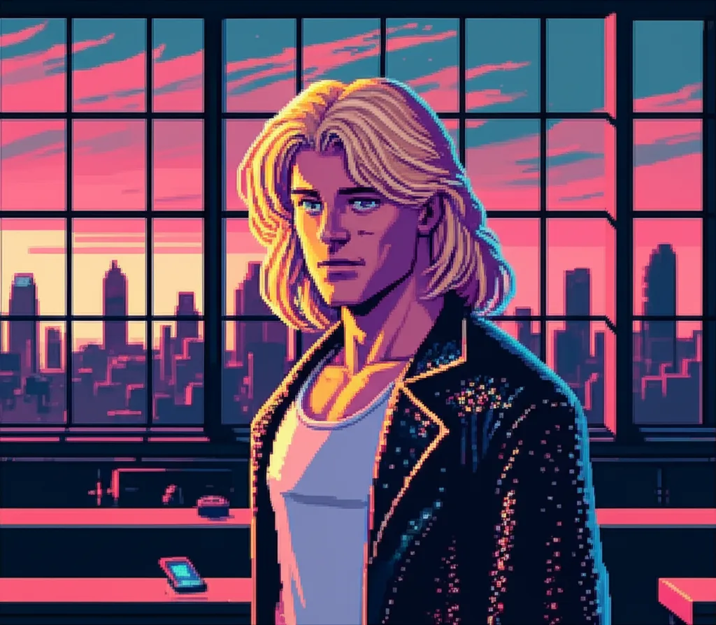 Rima at the window, dawn light on his face, jacket discarded, something unresolved in his posture