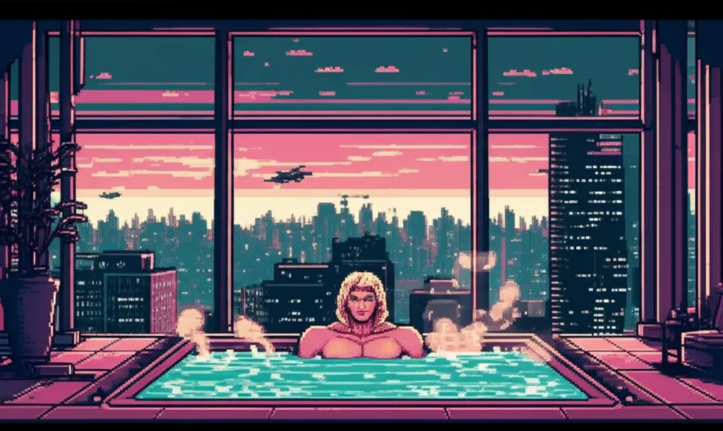 Wide shot — Rima standing at the edge of a warm room, watching the connections he built, knowing what they carry