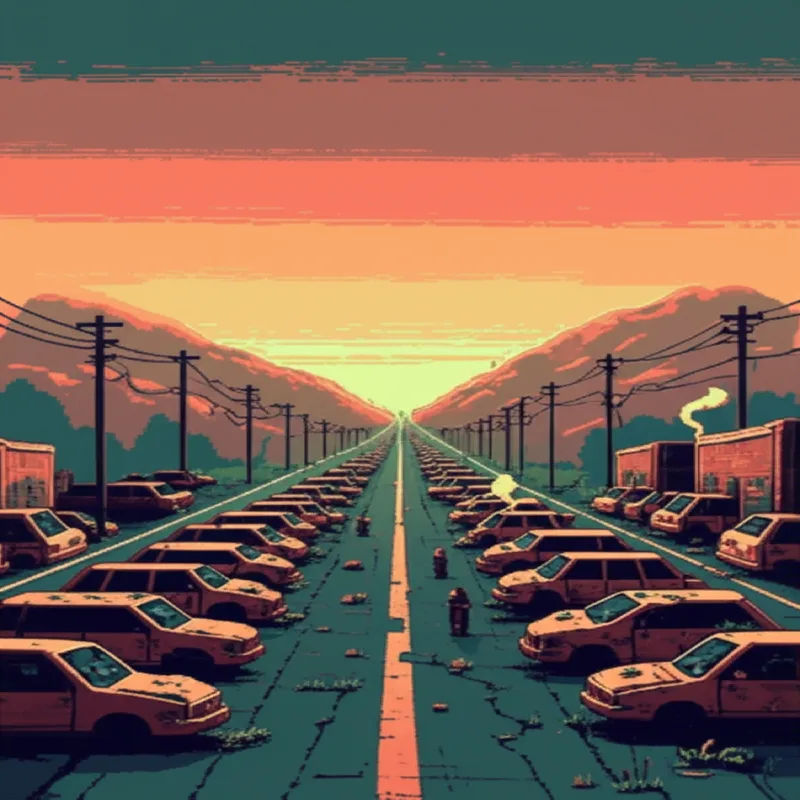 The broken highway stretching toward distant brown hills, abandoned vehicles rusting in neat rows, salvagers moving among them