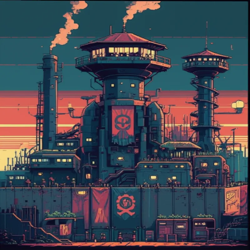 The Clockworks settlement from distance - a massive factory with converted smokestacks as watchtowers, salvaged metal walls, banners showing a gear and wrench