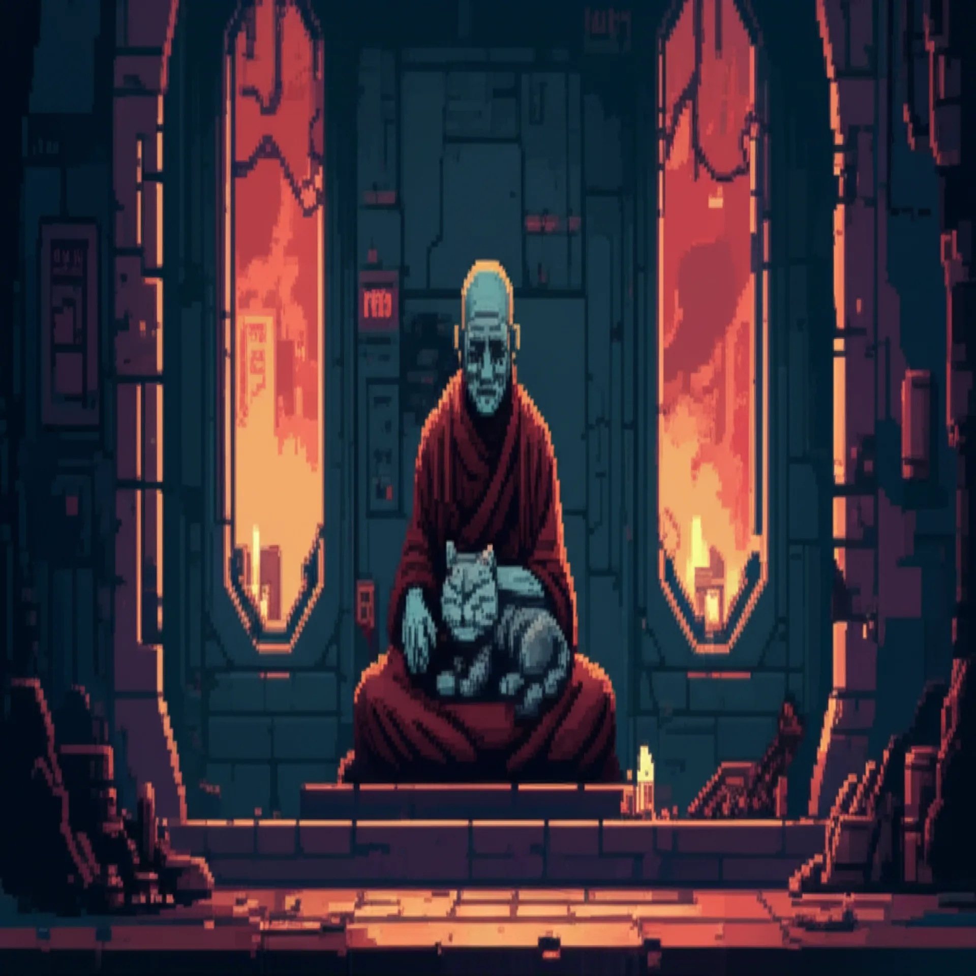 Mystery Court monastery interior during the Cascade - an old tabby cat dying in Brother Gabriel's lap, city burning outside the windows