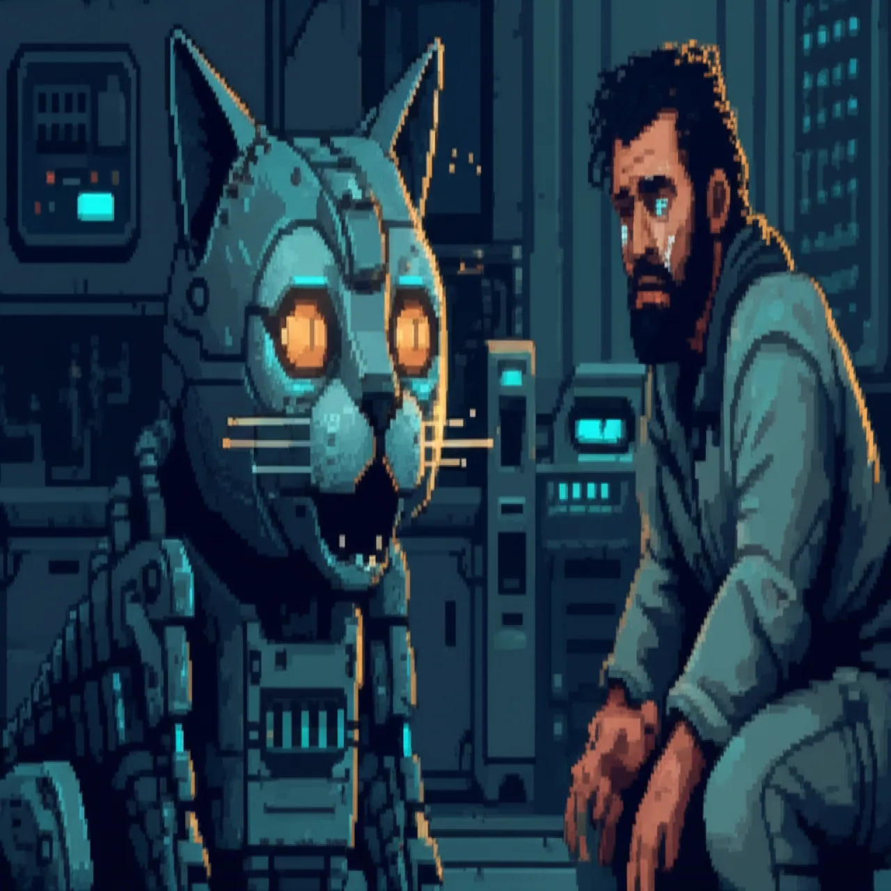 Robot cat eyes flickering to life, Brother Gabriel weeping - first tears in 40 years