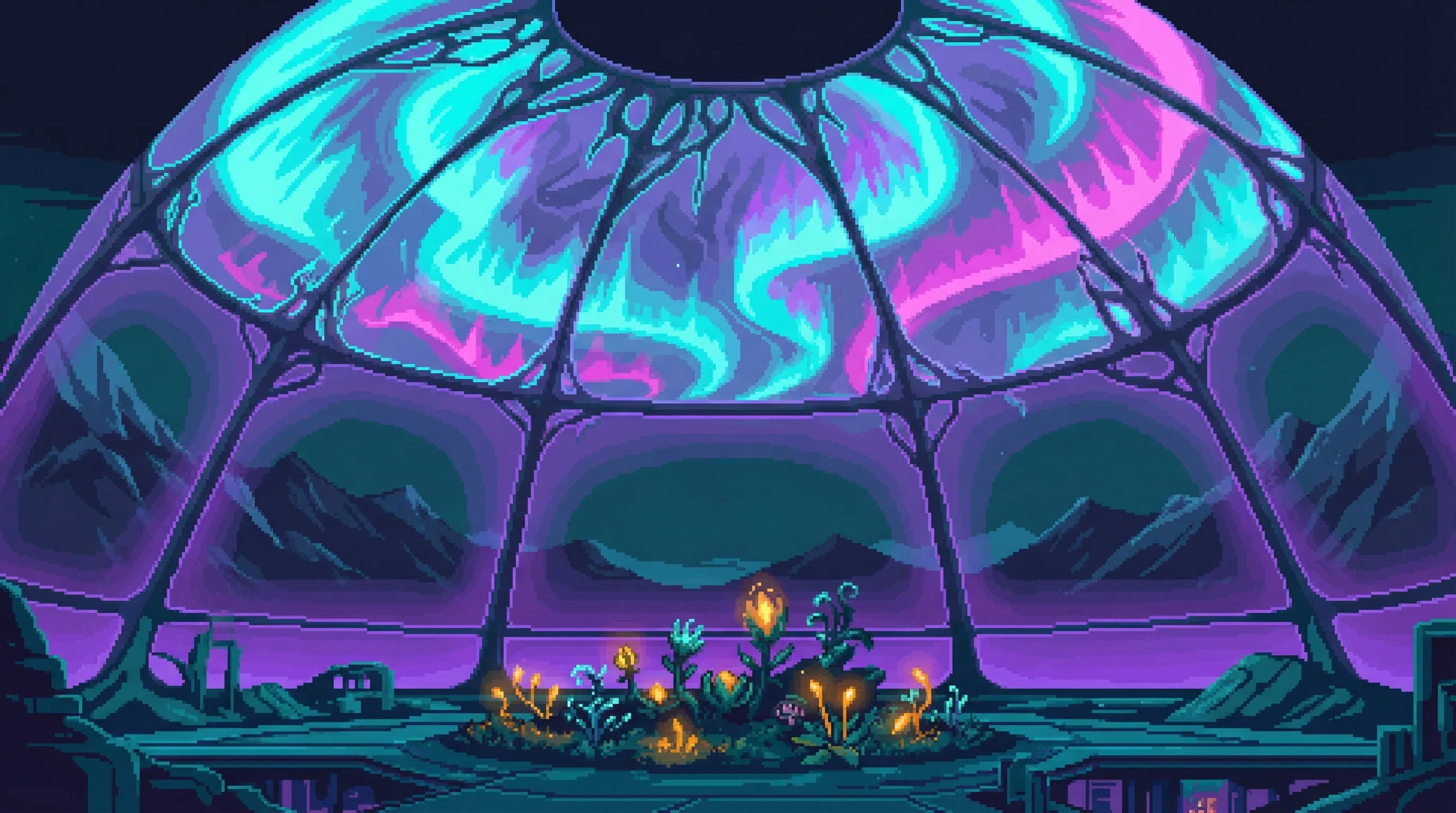 The interior of the iridescent dome, auroral light swirling in cyan and magenta against cold mountain darkness