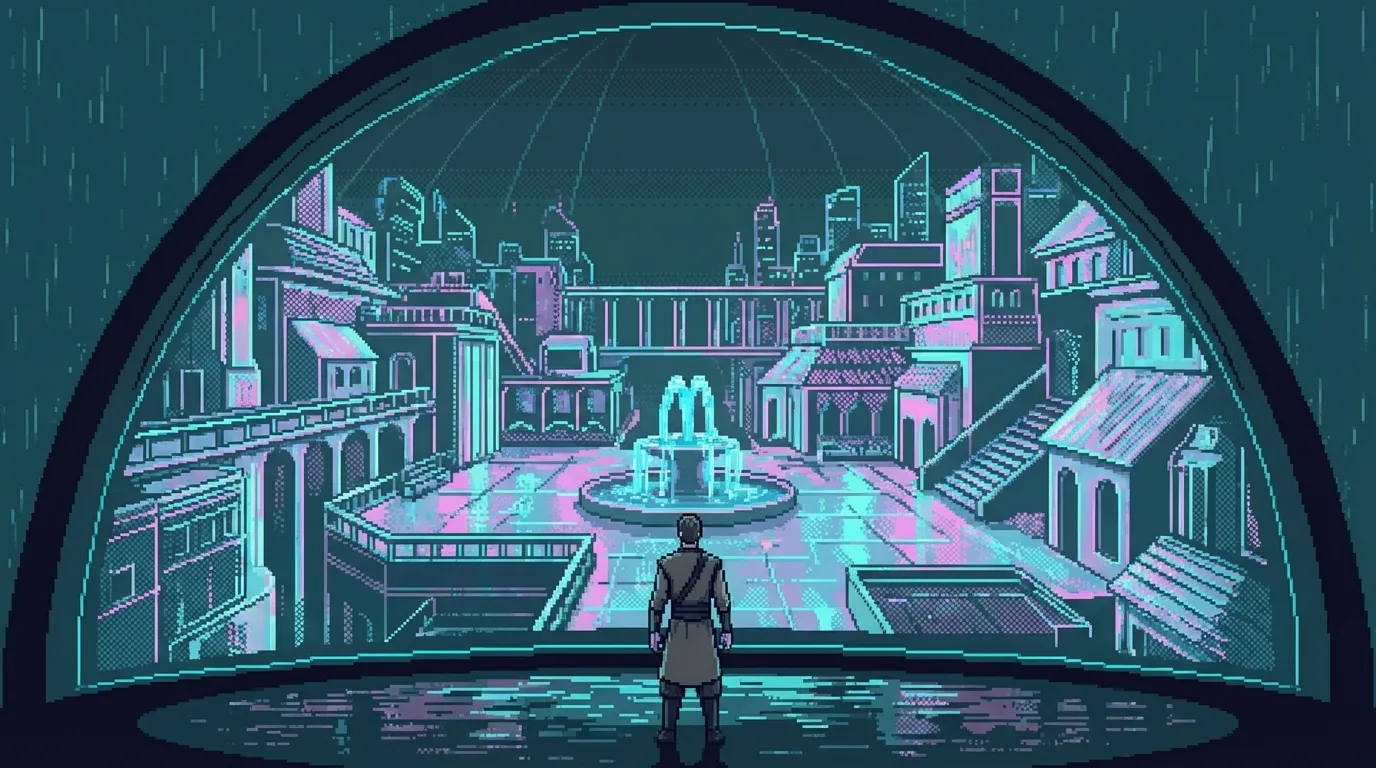 The dome's interior — bioluminescent plants glowing amber and gold along pathways, the vast curved ceiling shimmering with geometric patterns
