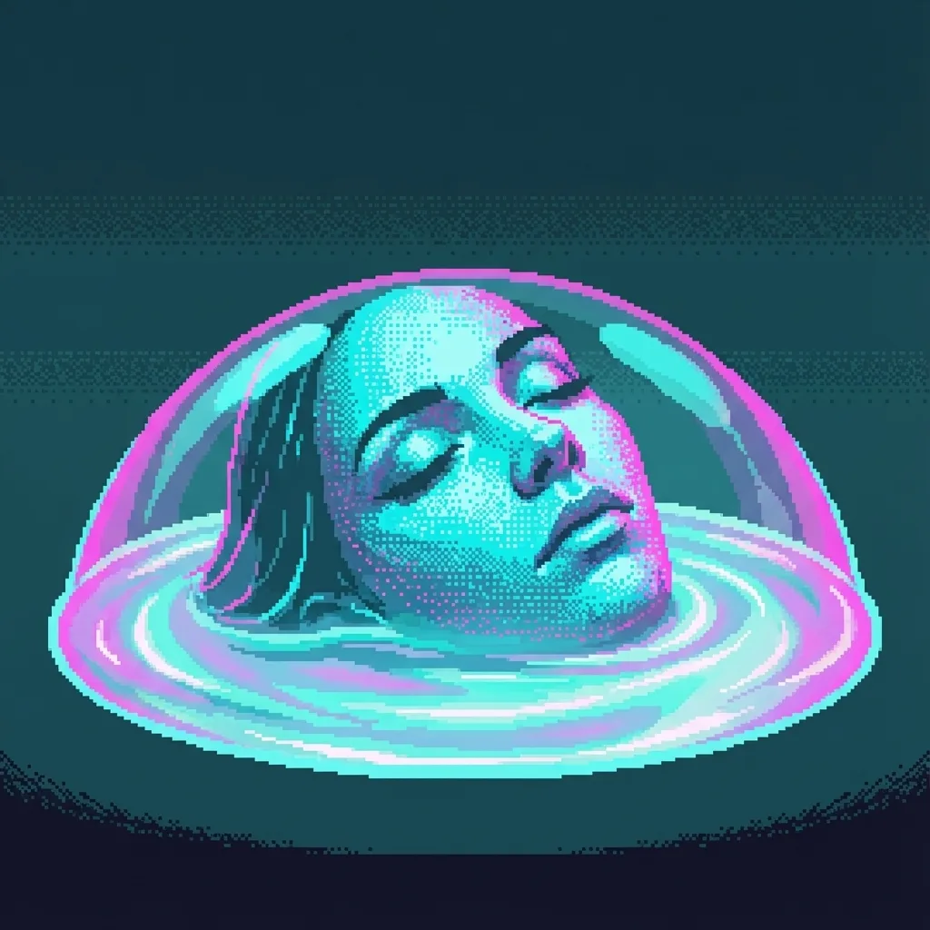 A face forming in the dome surface — a woman with dark hair, rendered across thousands of shimmering nanostructure nodes