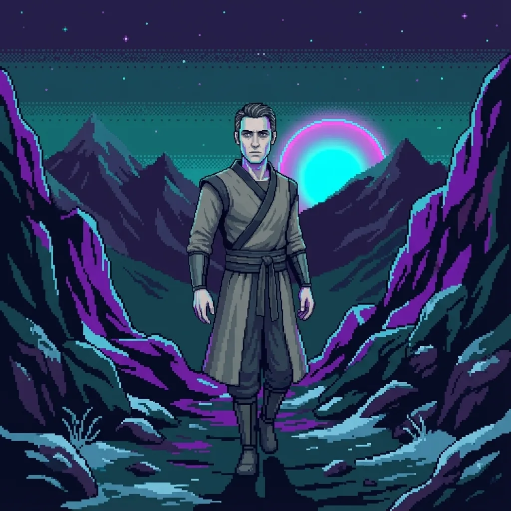 A figure approaching the dome's exterior surface on a mountain path, the iridescent structure towering against dark sky