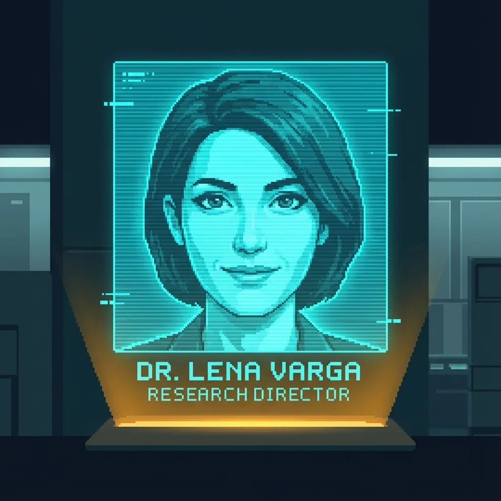 A reconstructed image of Lena Varga at a console, writing code with intense focus, coffee ring on her desk, sticky note curling on her monitor