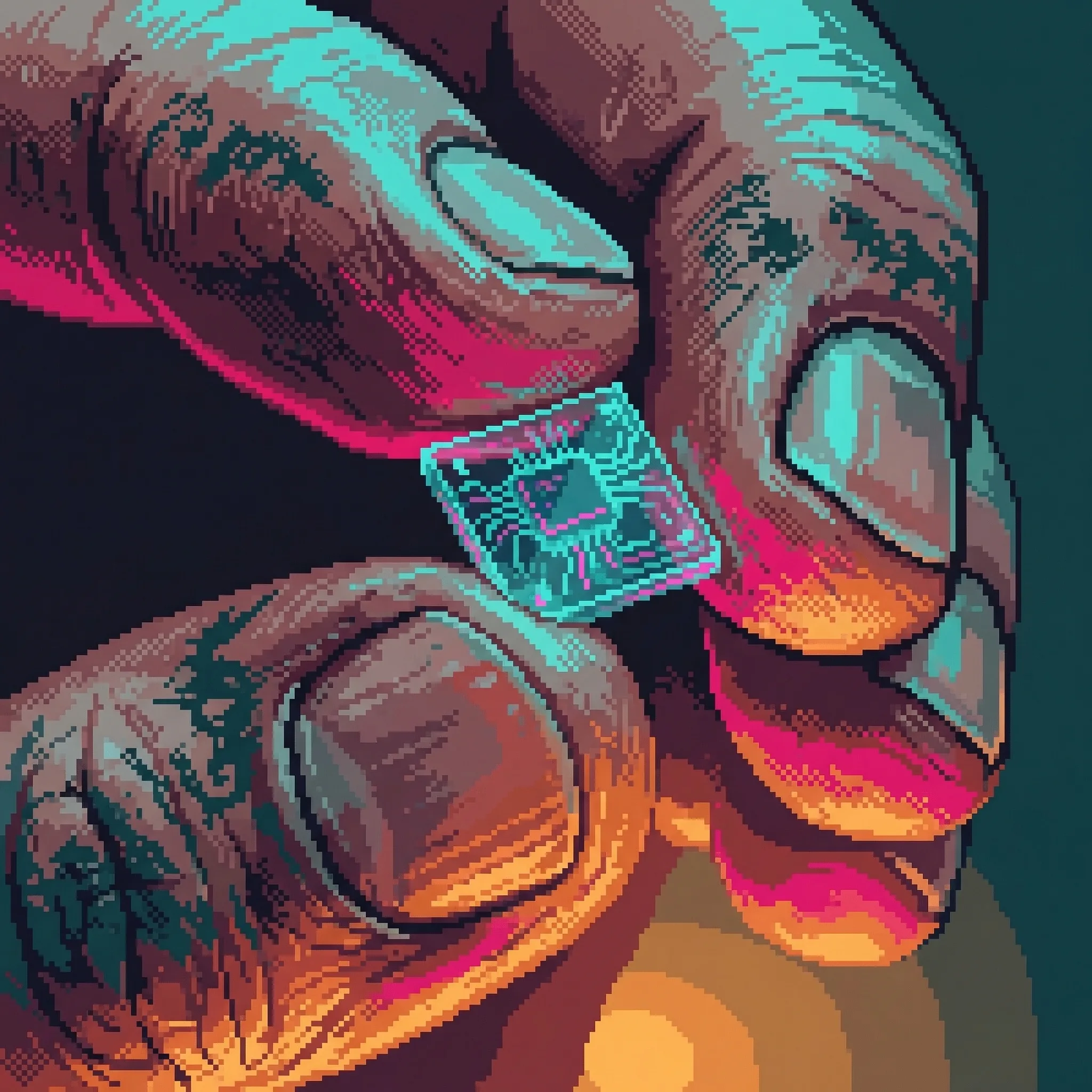 Calloused fingertips holding a translucent data chip
