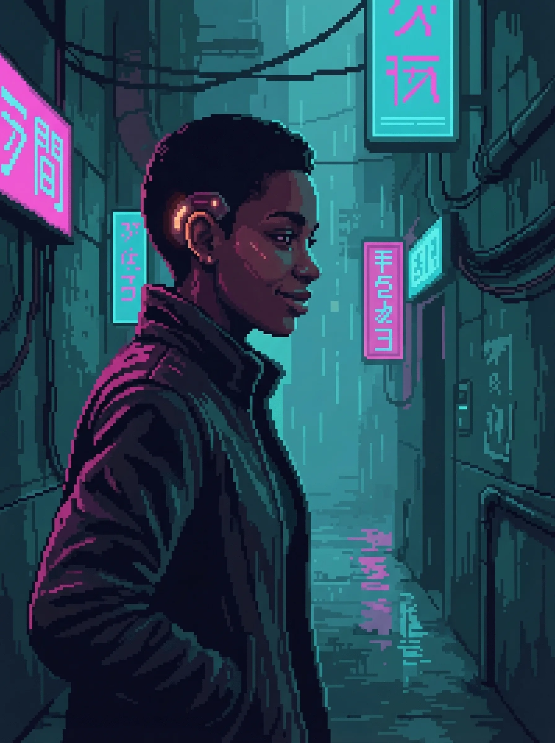 Ama in profile walking through the Dregs, neural interface glowing behind her ear, private smile