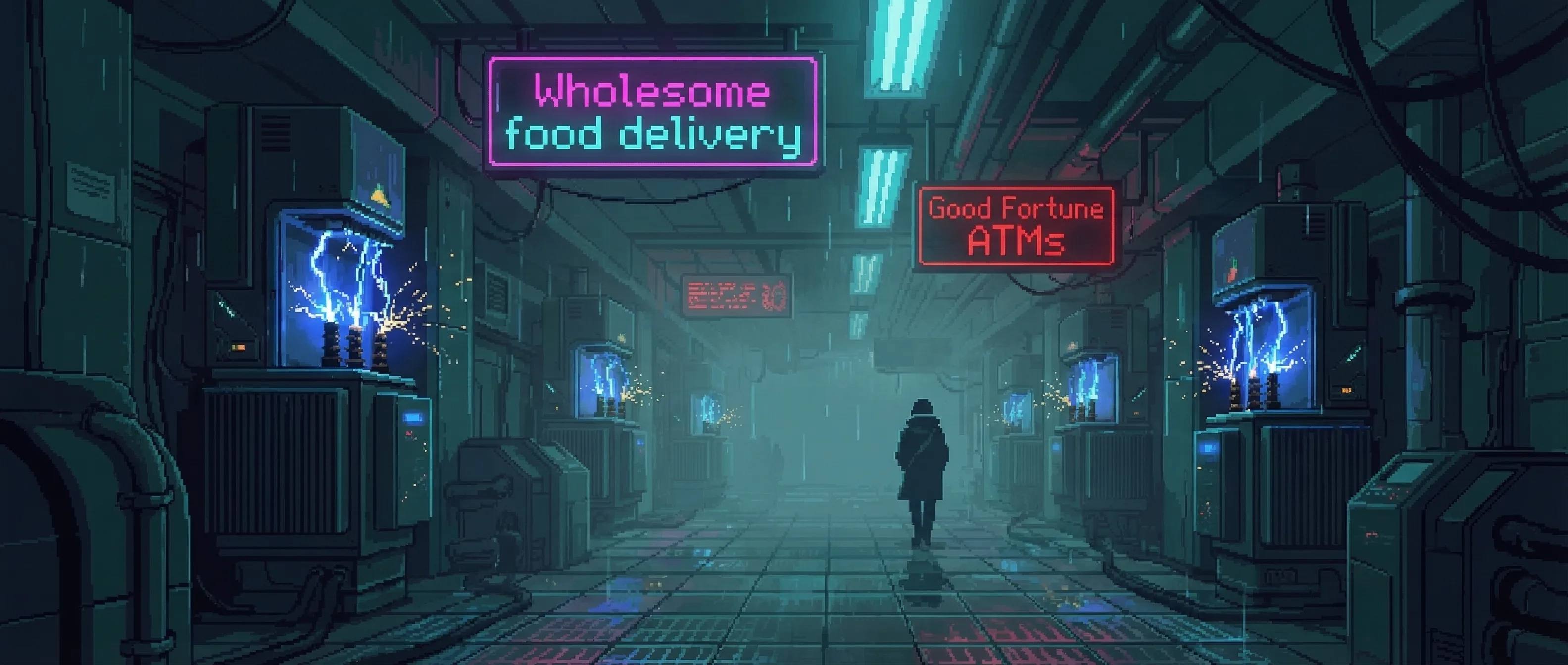 The Deep Dregs โ a vast underground corridor stretching into haze, transformer stations humming, neon signs flickering