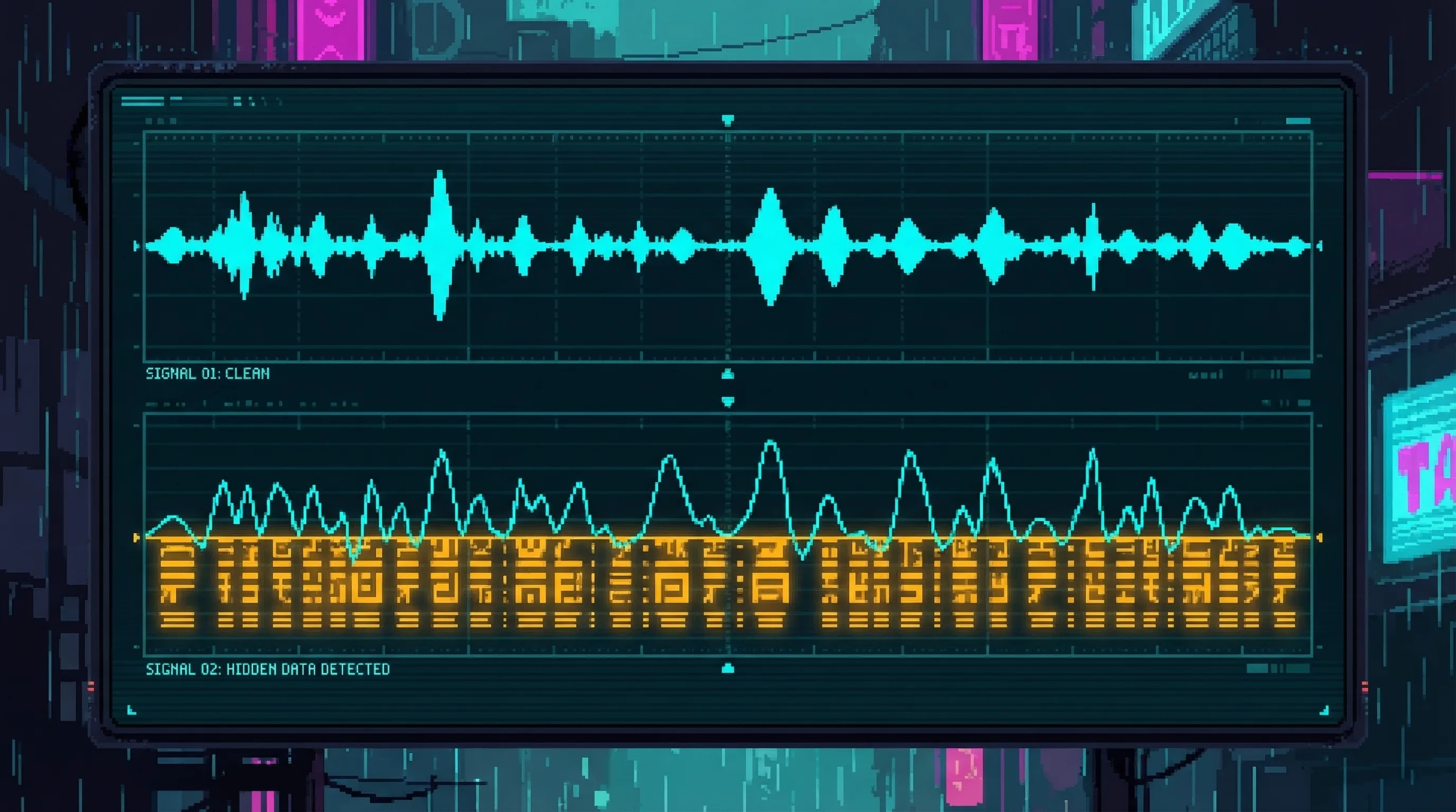 Two waveforms overlaid โ one clean, one with a hidden amber pattern structured underneath