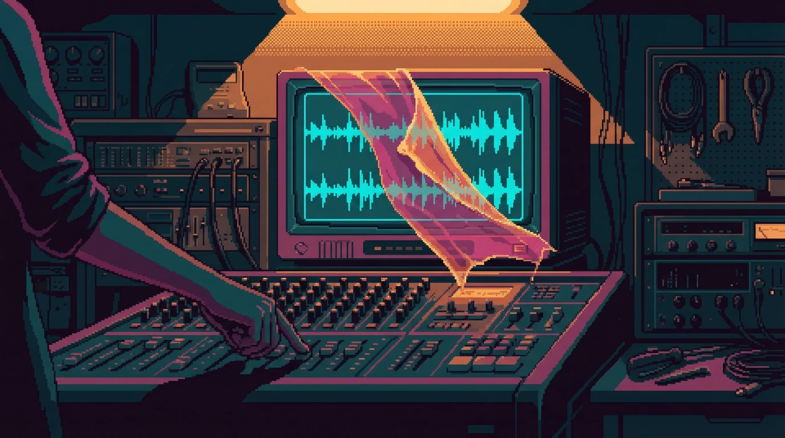 A hand pressing a button โ the screen shows the amber layer being peeled away from the waveform