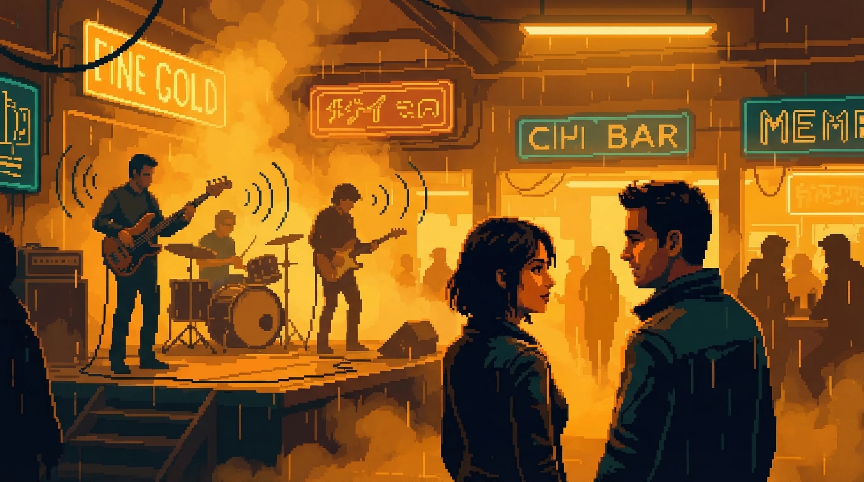 A cyberpunk bar in warm amber light, a band playing, two people turning toward each other โ the memory of connection