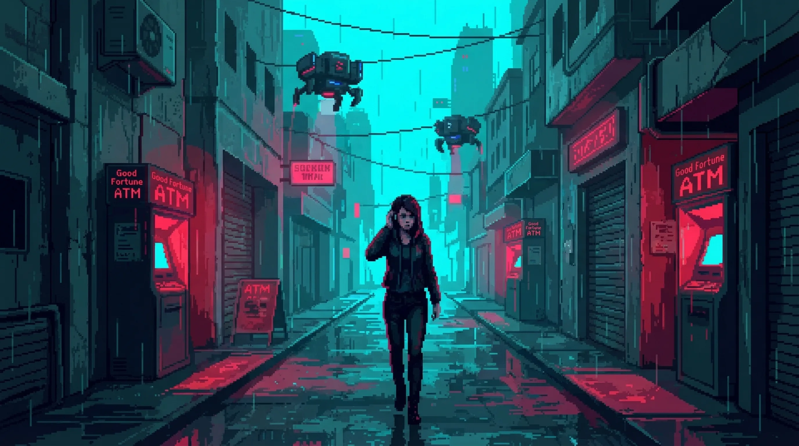 Ama walking through the Dregs at night without her interface โ the world raw, harsh, unfiltered