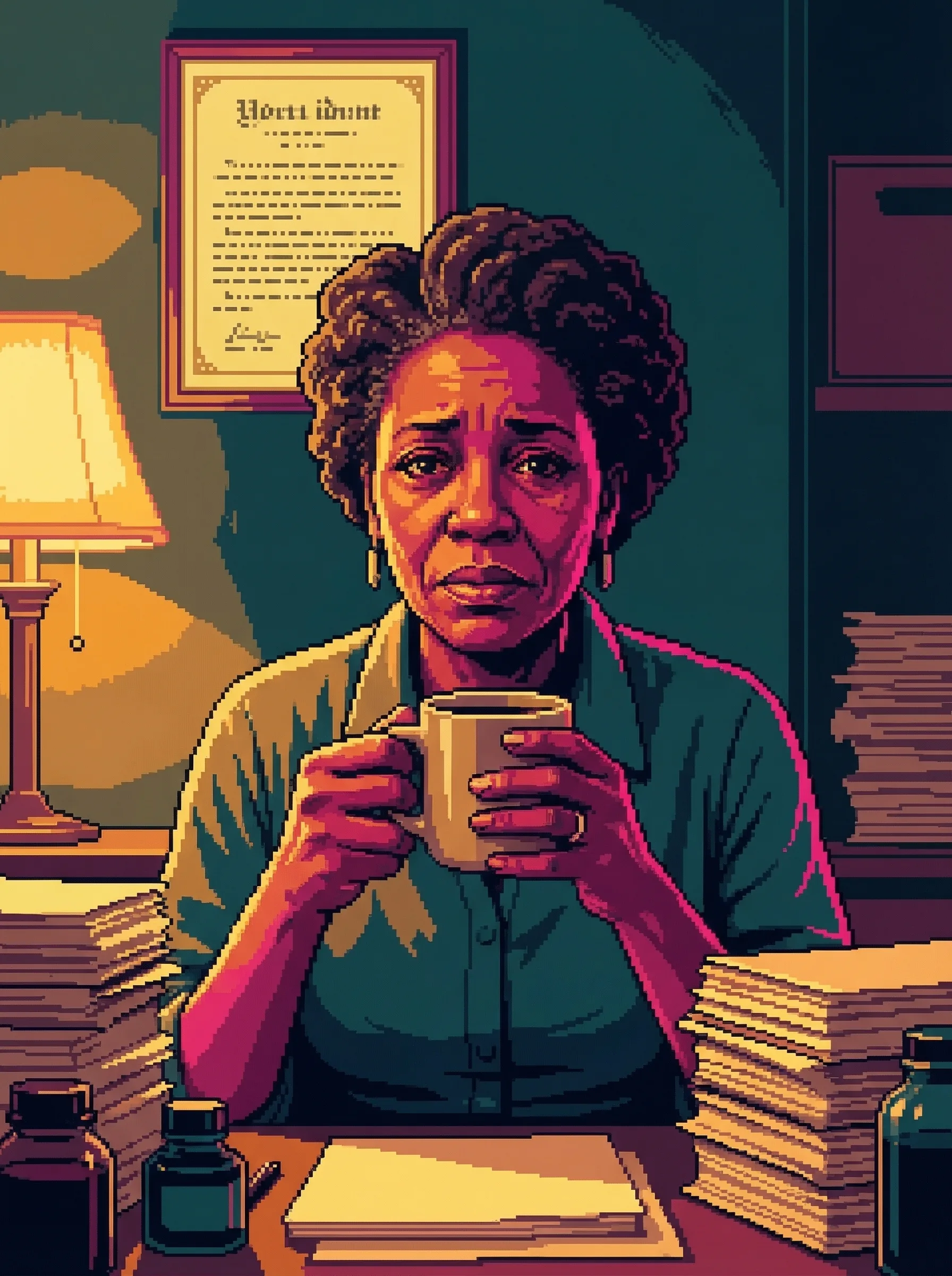 Sable Dieng holding a ceramic mug with both hands โ warm lamplight, knowing eyes