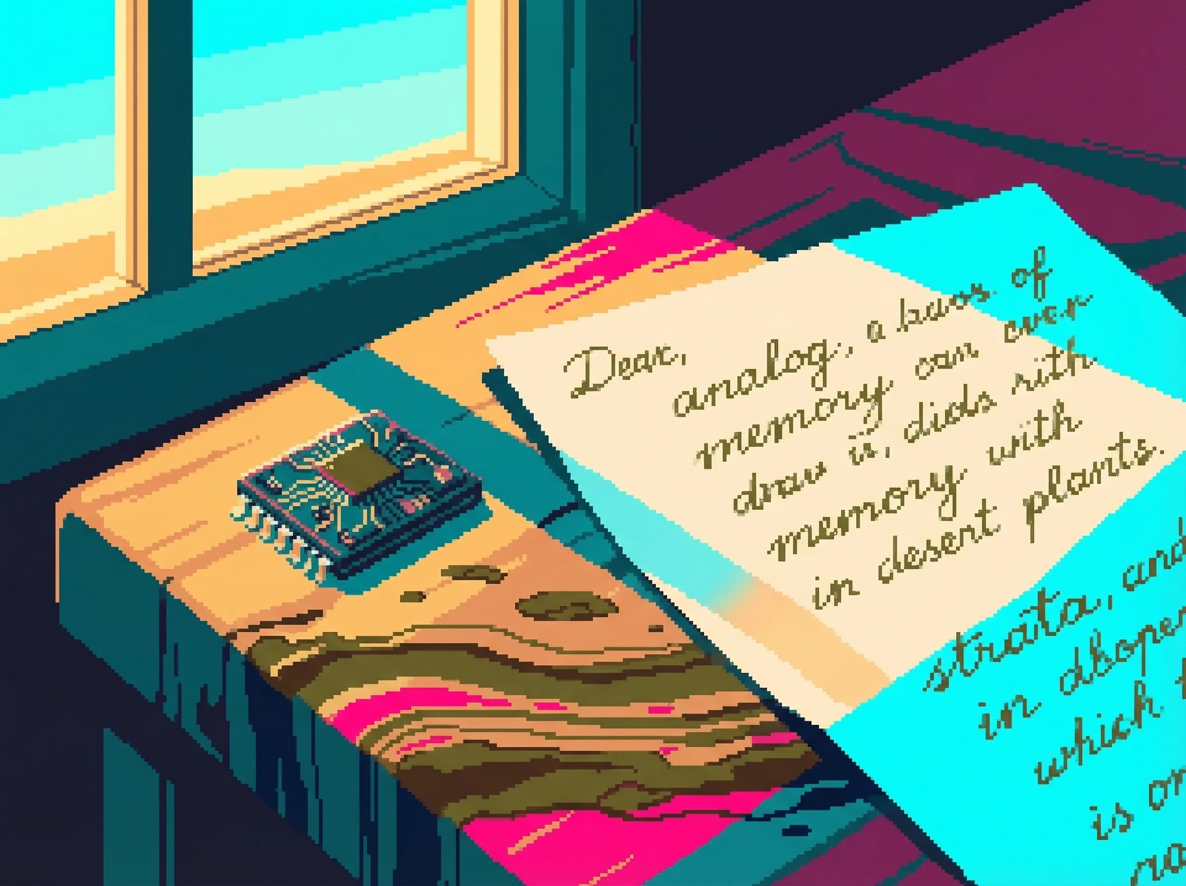 A handwritten letter on textured paper, desert-plant ink, an audio chip beside it