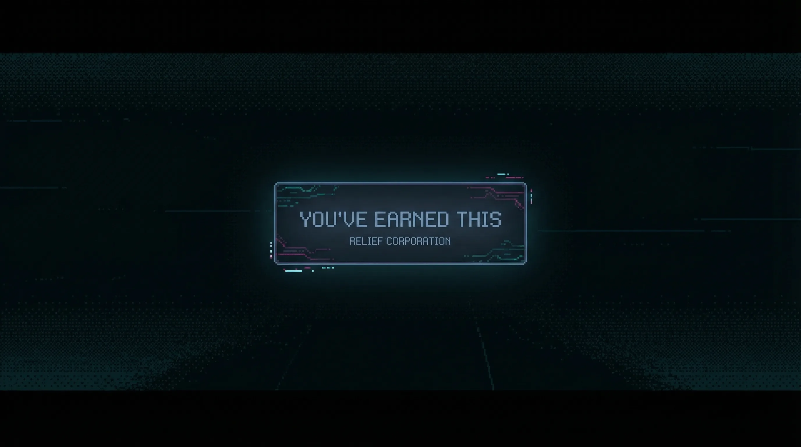 A Relief notification in darkness โ 'You've Earned This' in soft blue-grey. Calm, persistent, menacing.