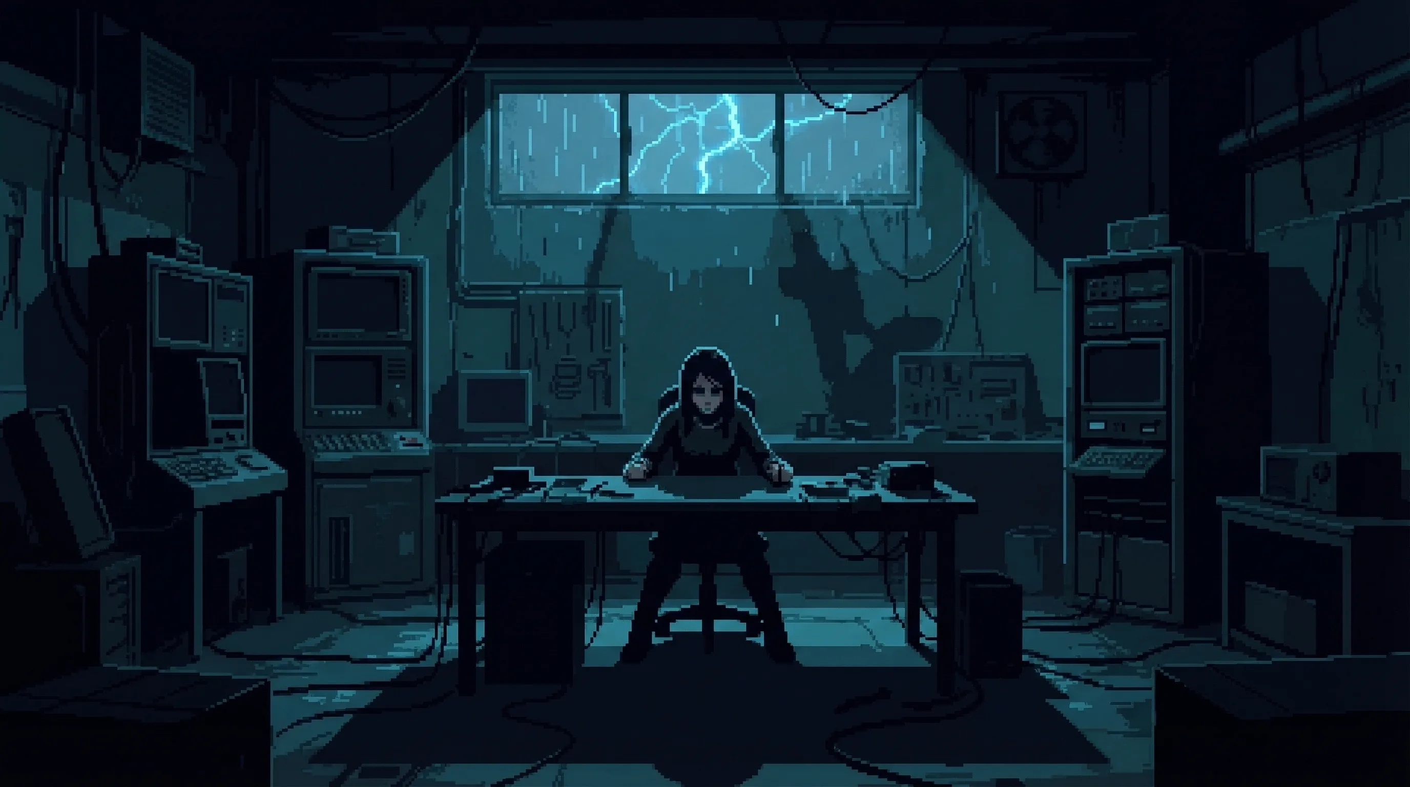 A workshop plunged into darkness โ screens off, a woman alone at a workbench, holding on. The world without the layer.