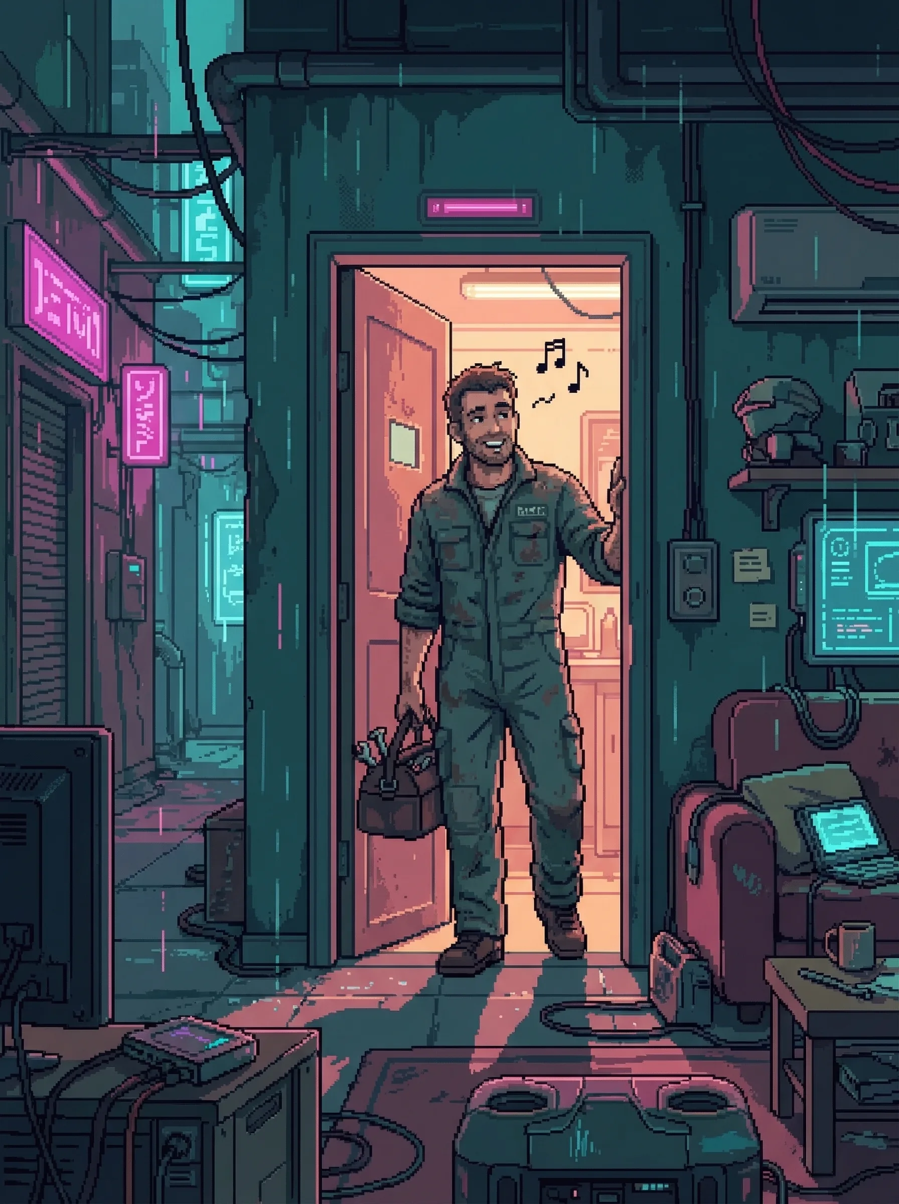 Dayo arriving home in Ironclad coveralls, smiling, humming โ warmth entering the room