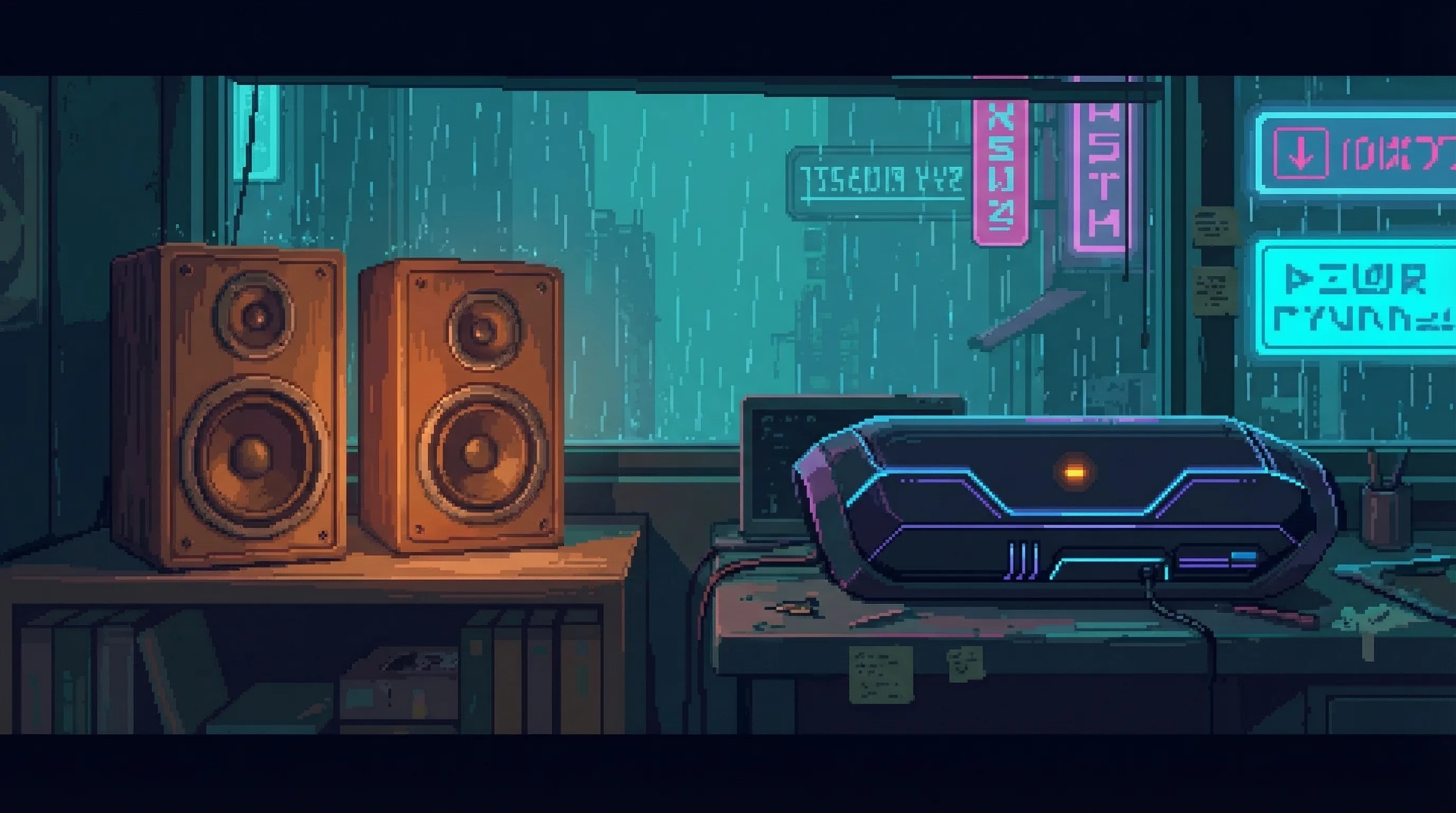 Old speakers on a shelf versus a dark neural interface with amber notification light โ the choice