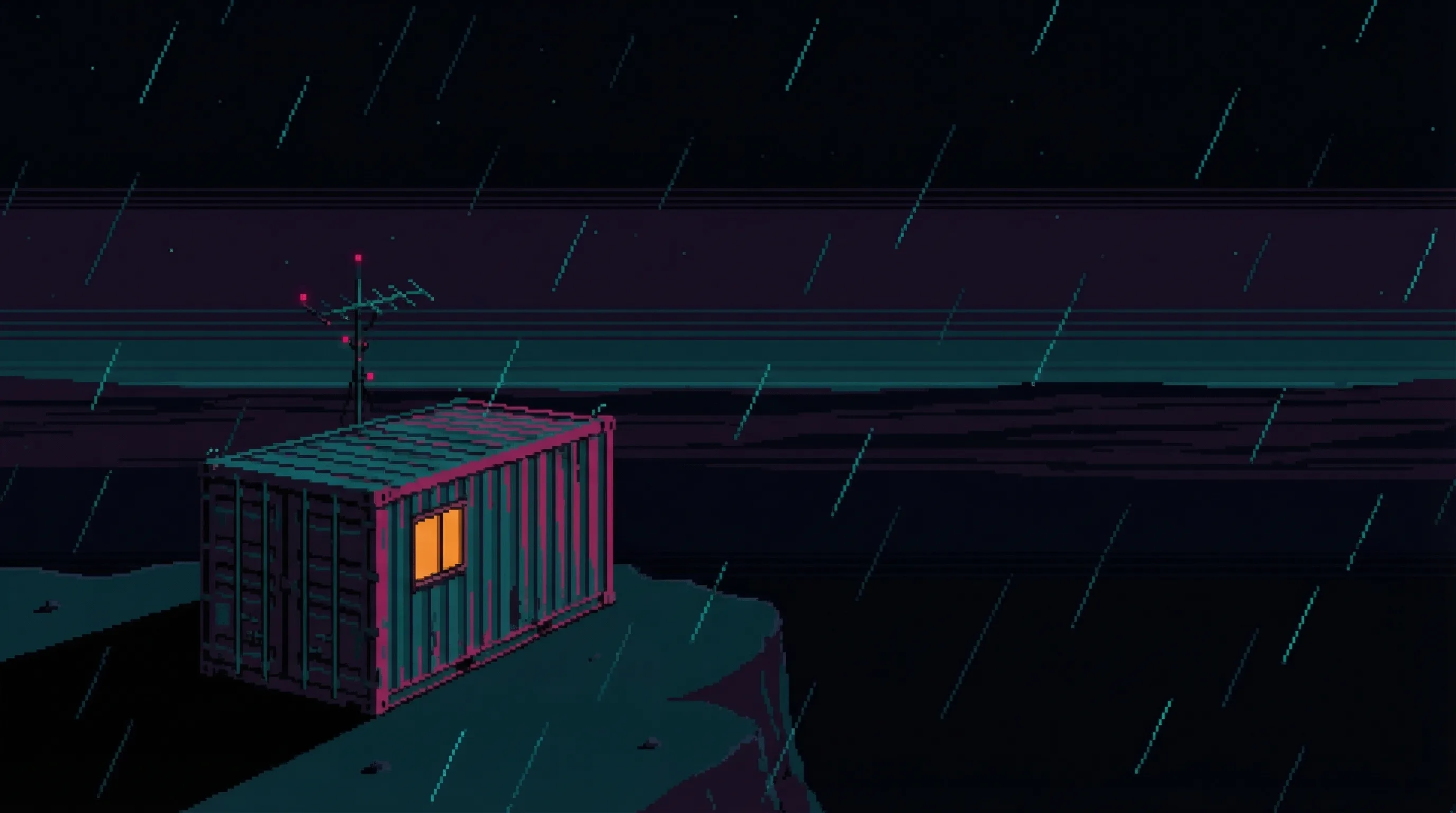 Rust Point Radio โ a shipping container with a warm amber window, alone at the edge of the Wastes at night
