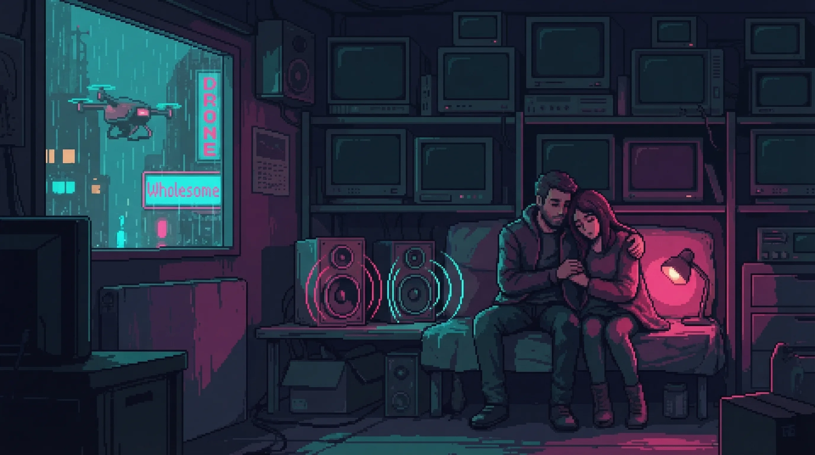 Ama and Dayo together in the dark workshop โ old speakers playing, screens dark, his arm around her