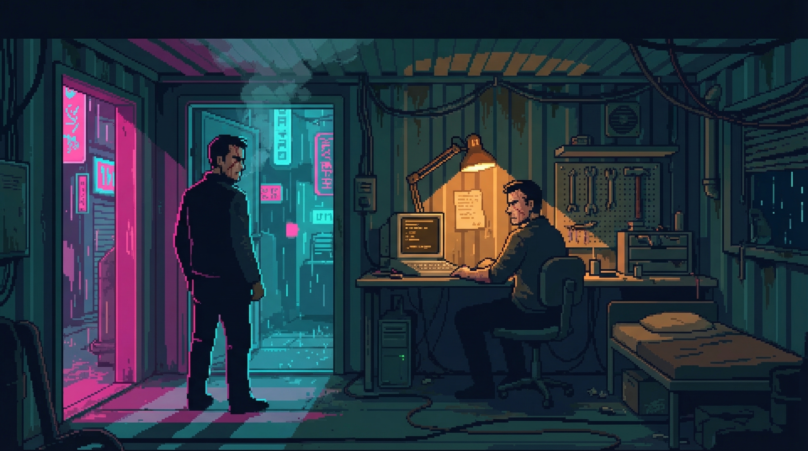 Two identical men face each other in a cramped shipping container apartment, one backlit by neon from the corridor, one sitting under an amber lamp
