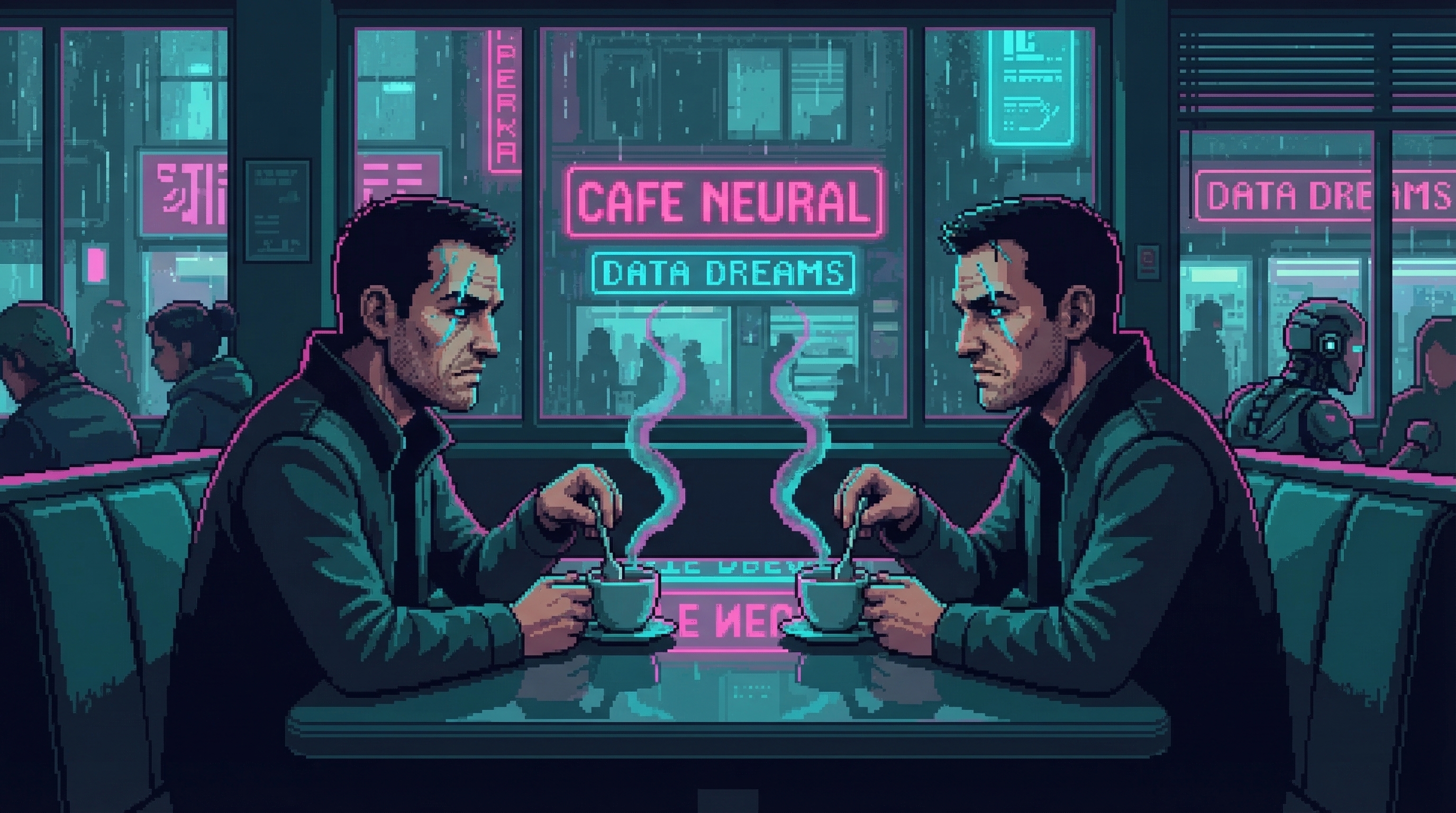 Two identical men sitting across from each other in a neon-lit underground cafe booth, steam rising from twin coffee cups