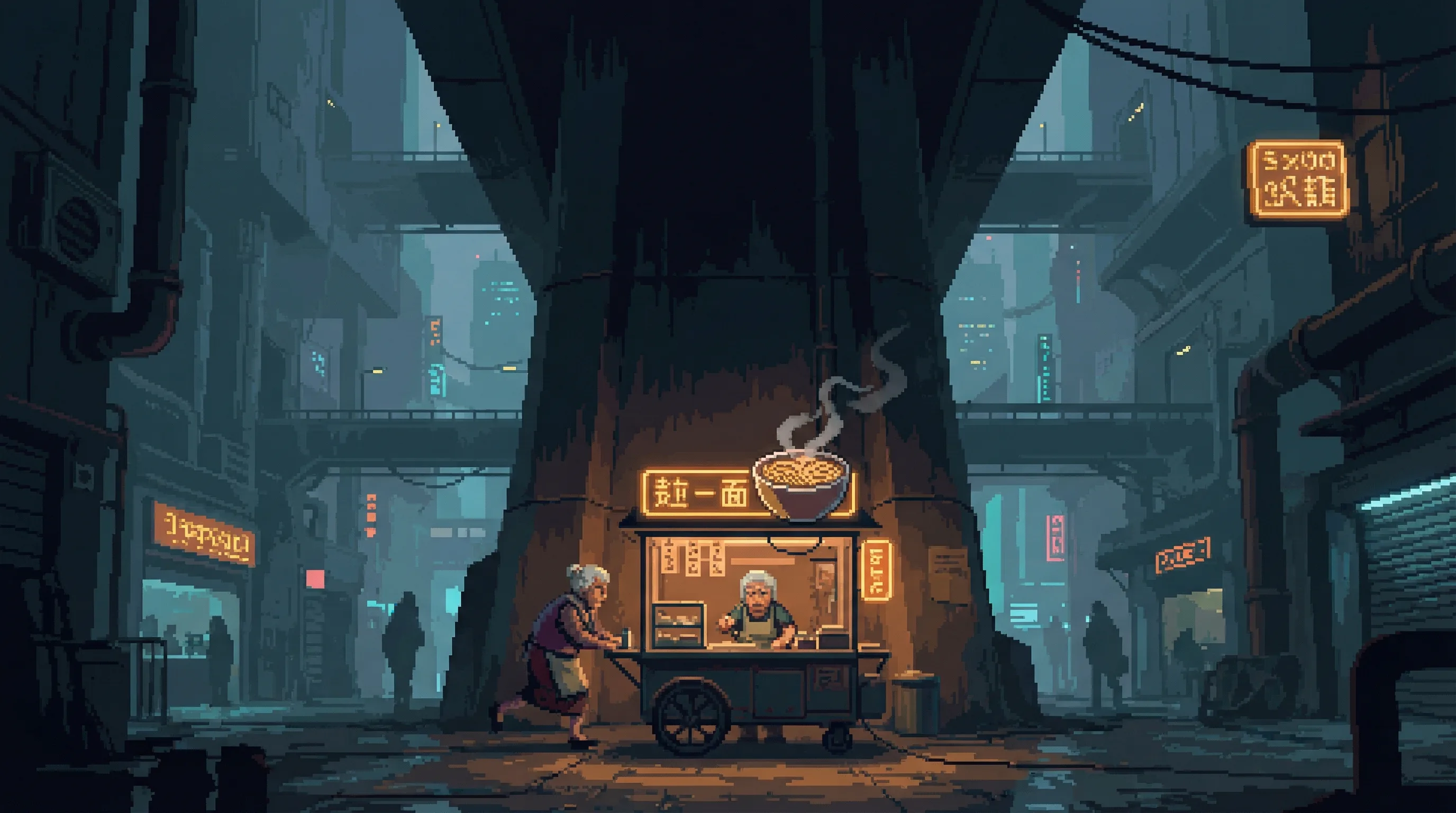 Old Ximena's food stall at the base of a Span pylon, steam and warm light against the underground darkness