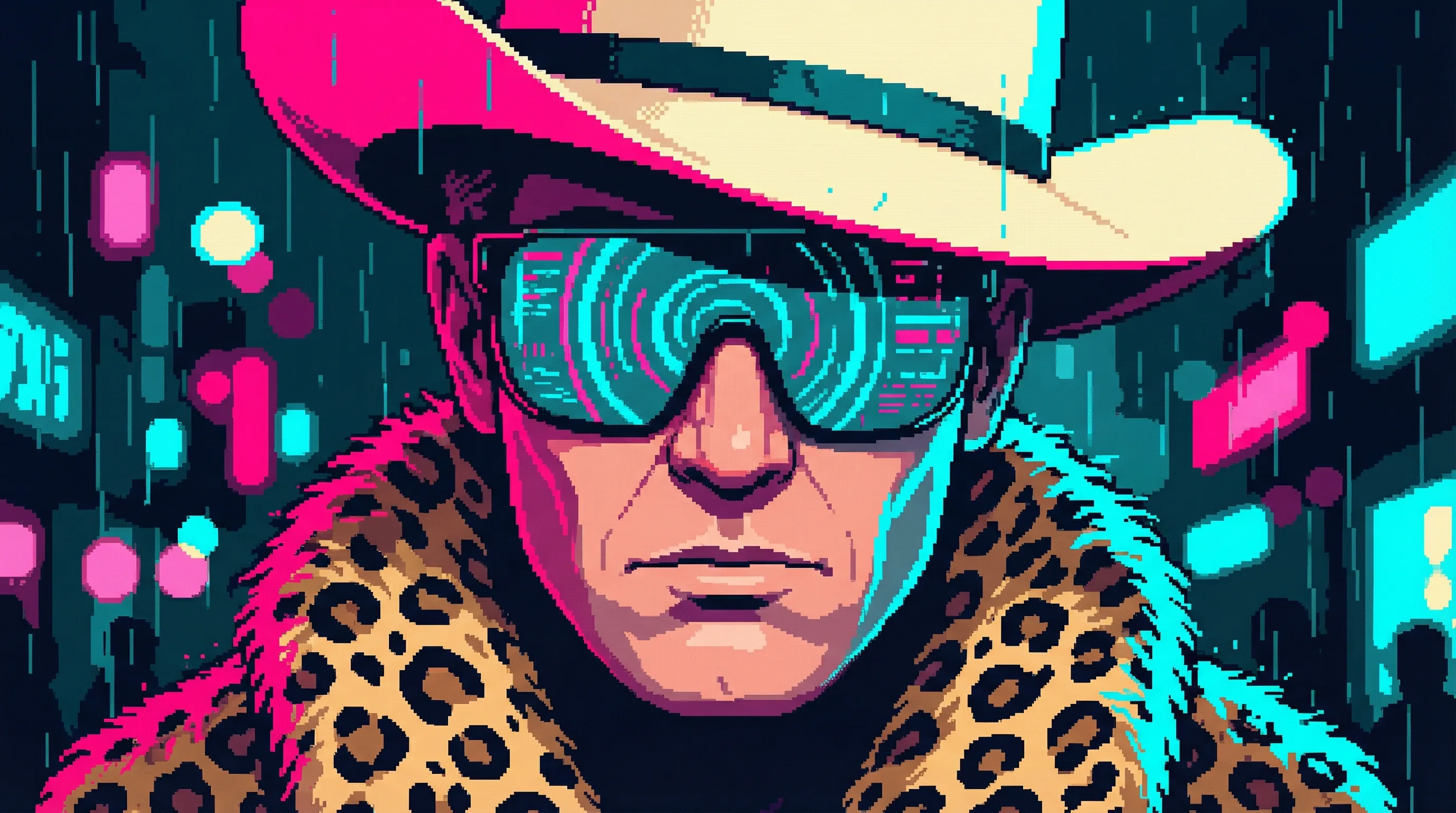 Close-up of Judge Dreg's mirror shades reflecting neon light, data patterns seeming to scroll across the surface