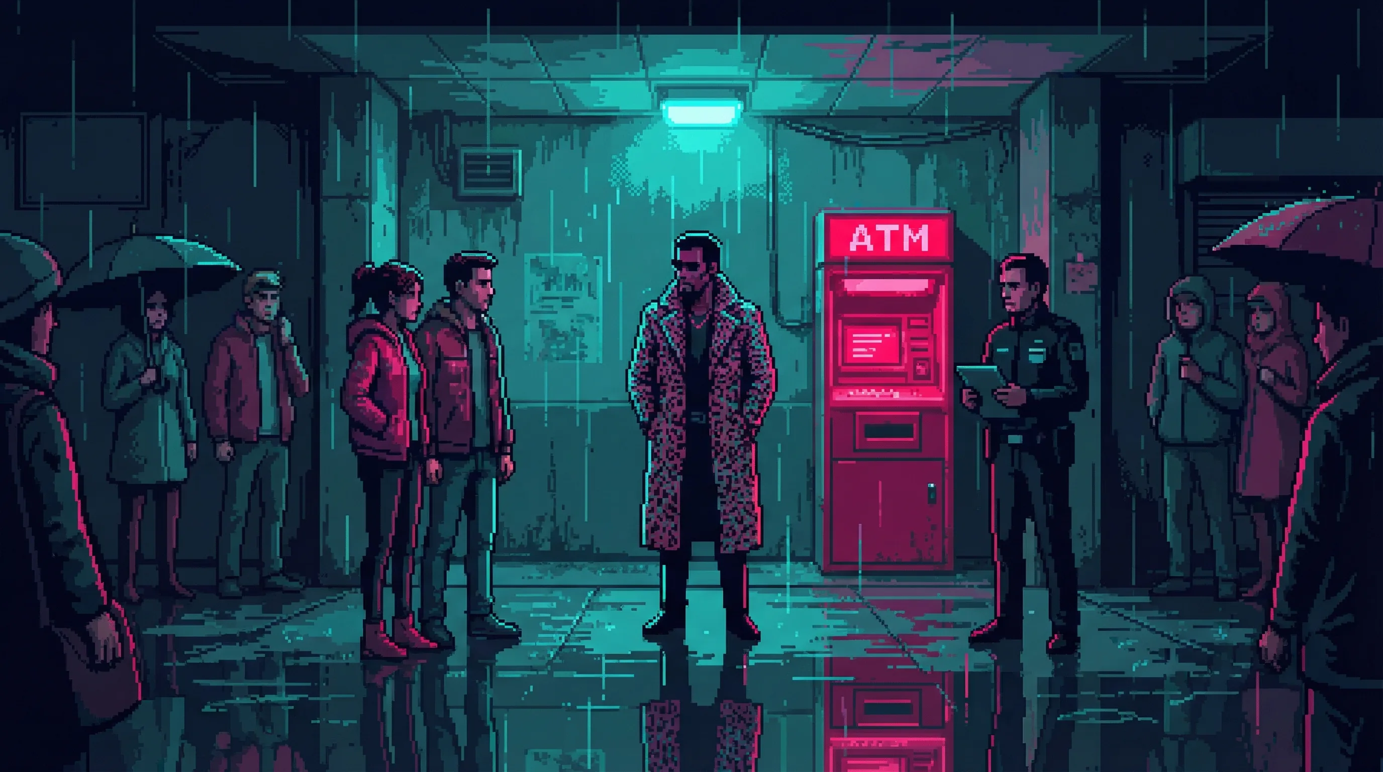 Judge Dreg stands between two parties at a dark intersection, the red glow of a Good Fortune ATM in the background
