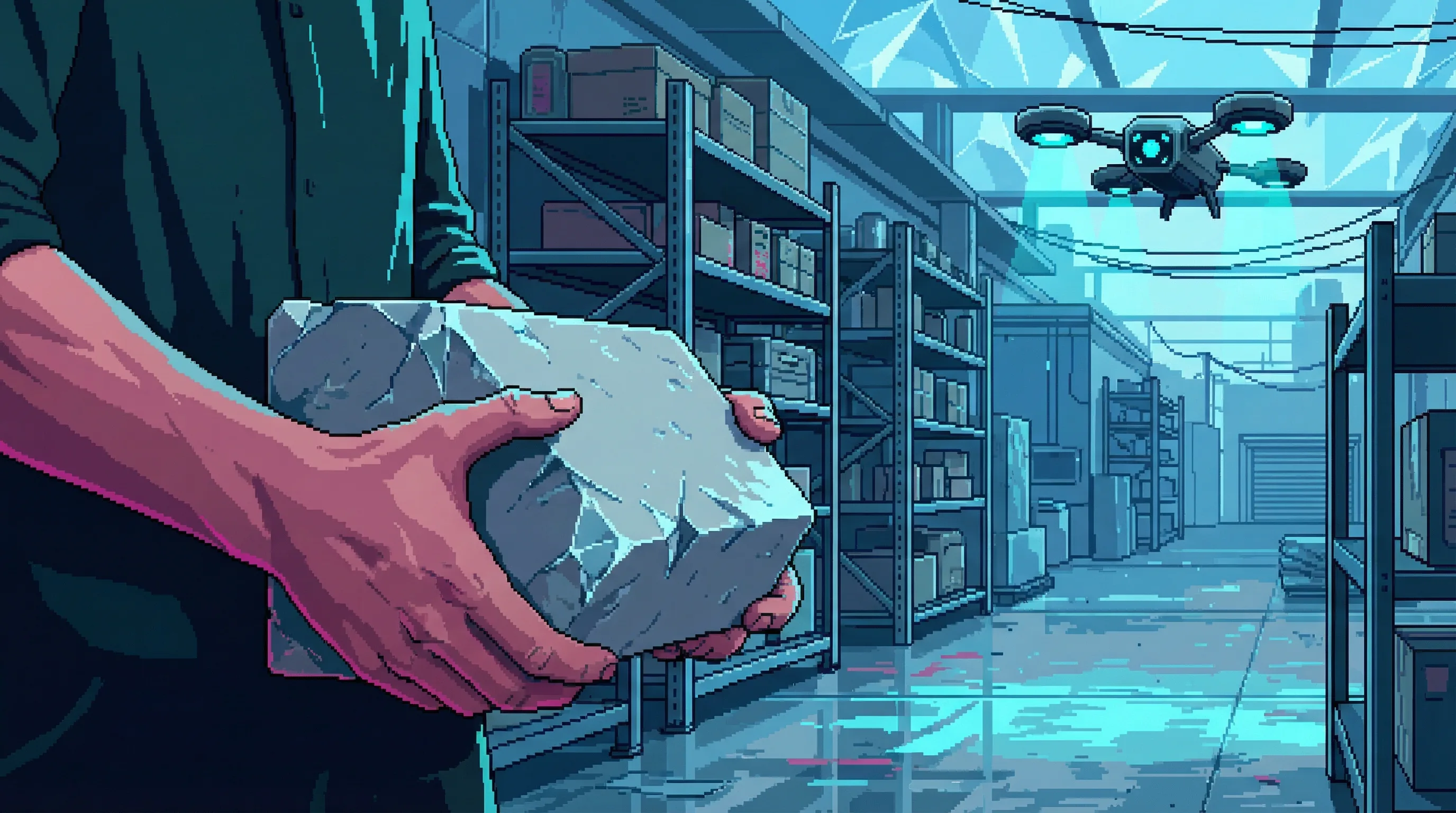A crystalline, too-perfect memory of hands loading duracrete blocks in a cold depot โ the image is hyper-detailed, lacking natural blur