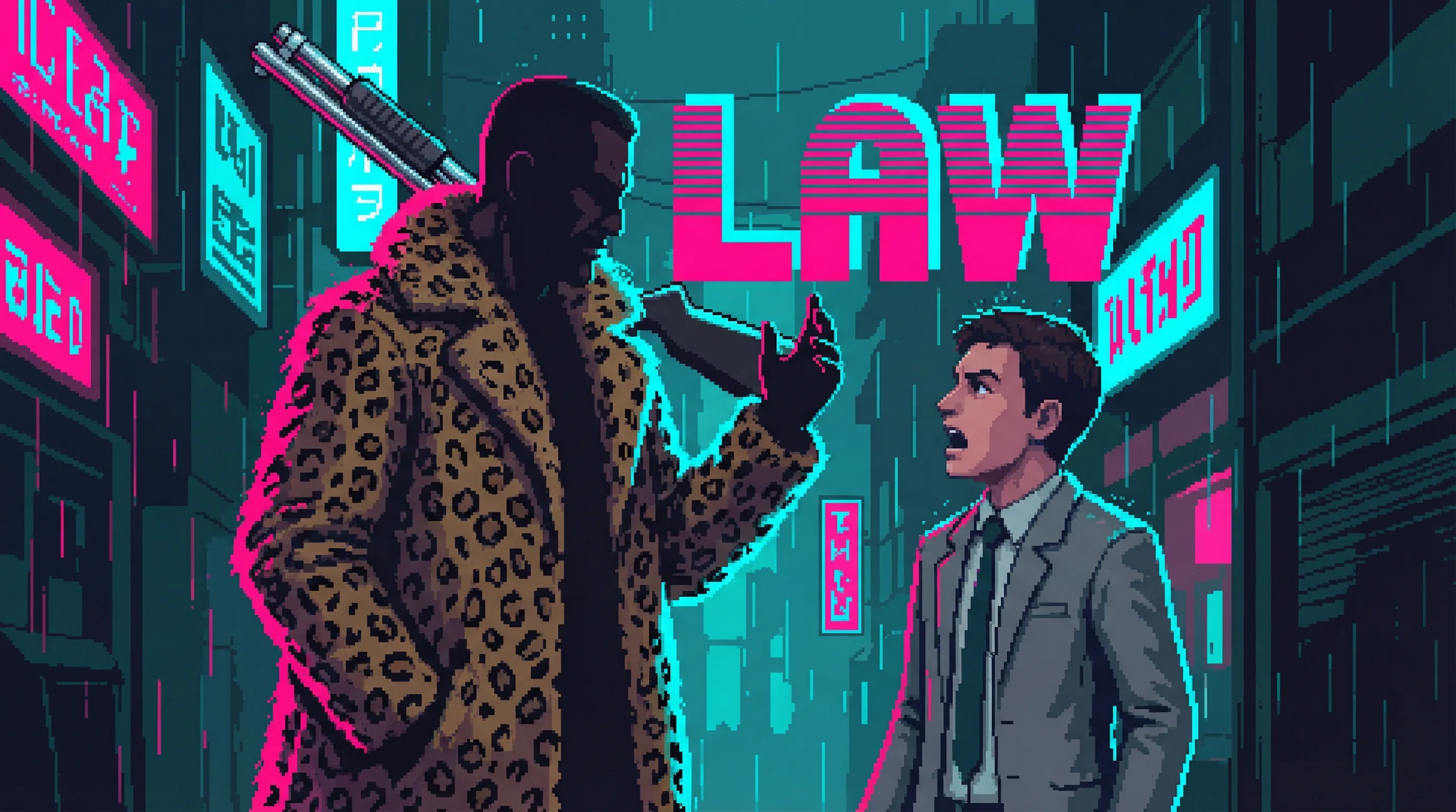 Judge Dreg silhouetted against neon, delivering his verdict to the Ironclad representative with absolute authority