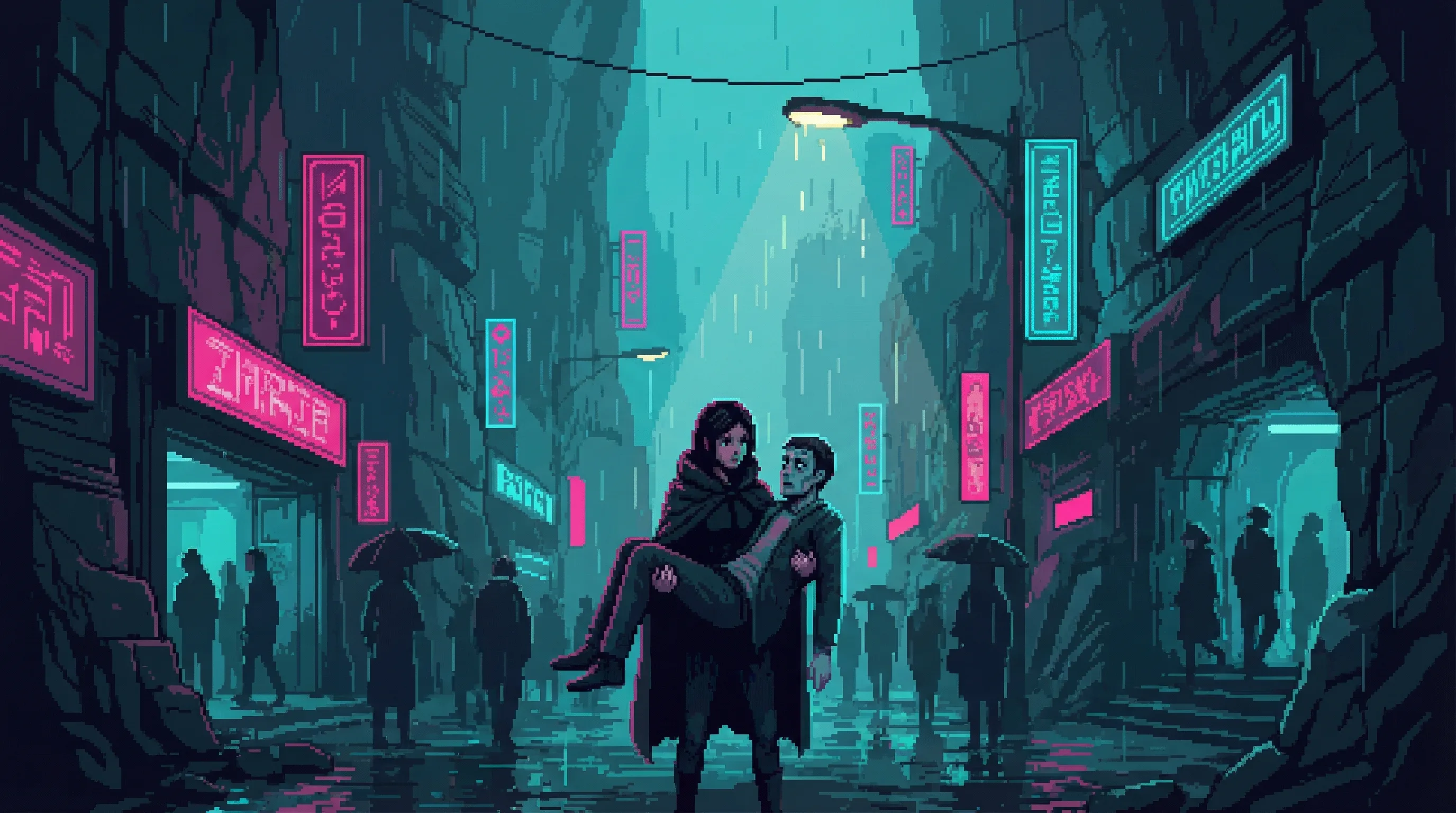 Adaora holds a rigid Deka as the crowd slowly disperses into the neon-lit streets behind them