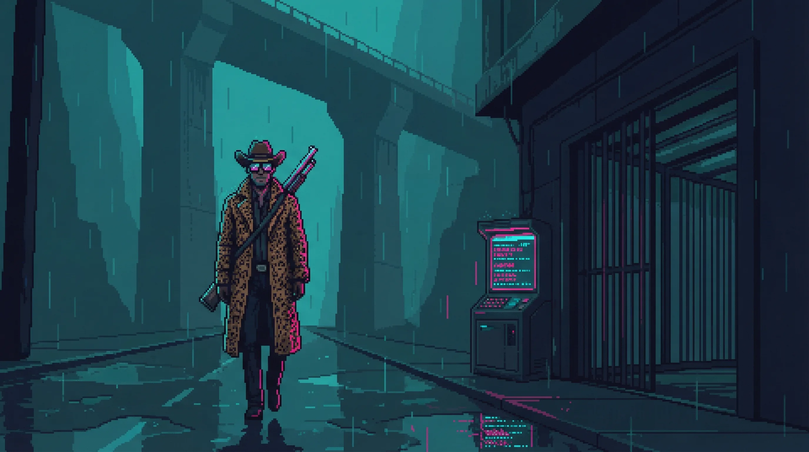 Judge Dreg walks alone past a flickering G Nook terminal, his solitary figure dwarfed by the canyon of the Dregs