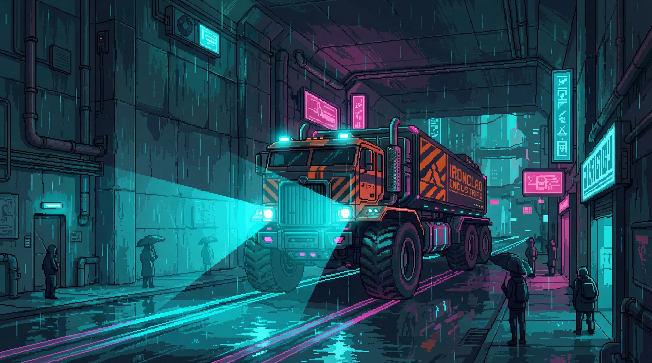 An Ironclad cargo hauler rumbles past, its orange-and-black markings and headlights sweeping the canyon walls